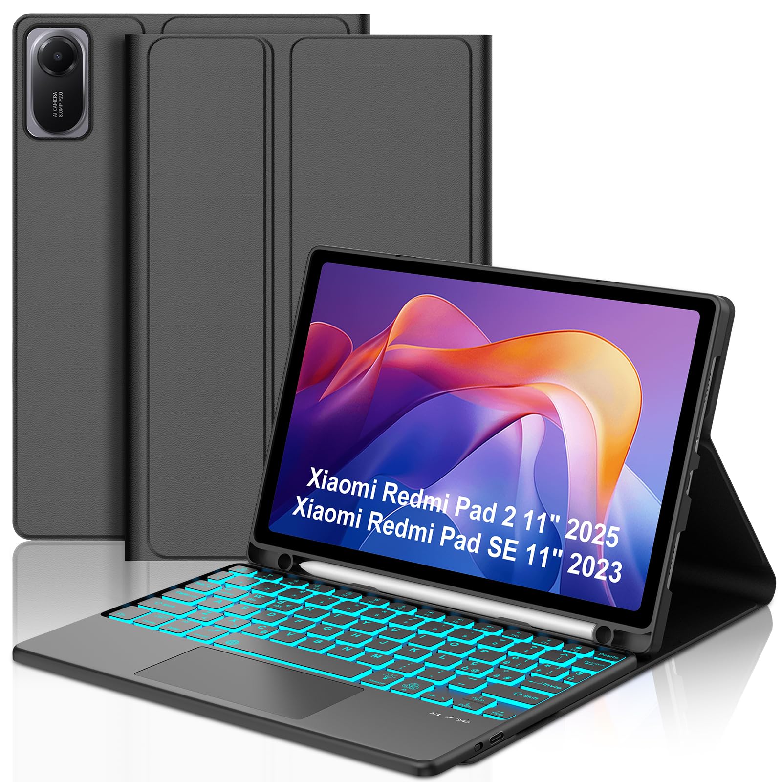 Per Xiaomi Redmi Pad 2 2025 e Redmi Pad SE 2023 11 Pollici Cover Tastiera | Custodia Tastiera Bluetooth Rimovibile con Retroilluminazione 7 colori e Touchpad, Keyboard Wireless Portatile, Verde