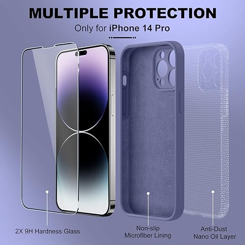 Miniatura 350 de BossKiss Funda compatible con iPhone 14 Pro, silicona mejorada [protección de cámara] [2 protectores de pantalla 9H], forro interior de microfibra