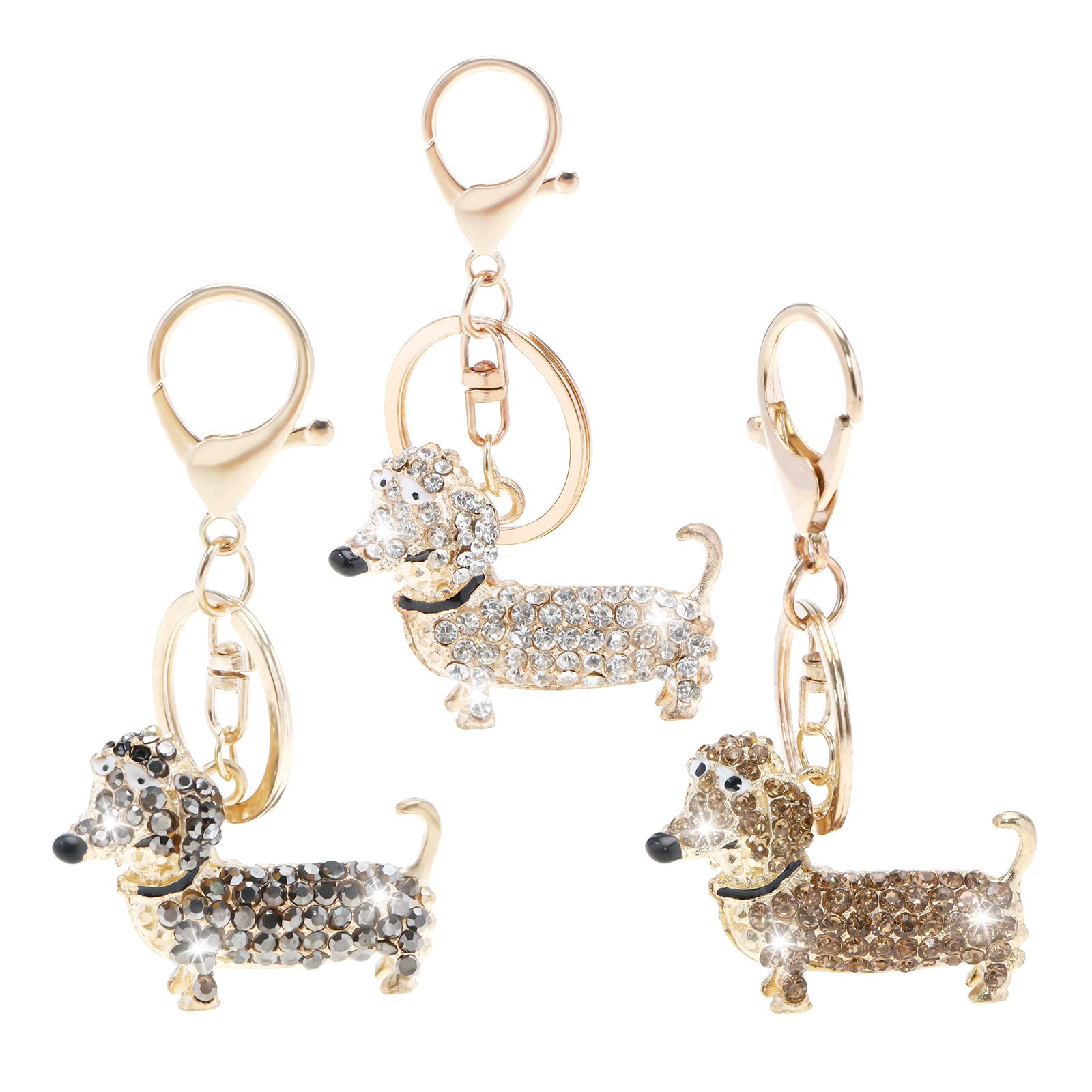 ECSiNG 3PCS Dachshund Dog Pendant Keychain Shiny Rhinestones Key Ring Charm Key Fob Backpack Ornament Decorative Accessories Surprise Present for Women Men