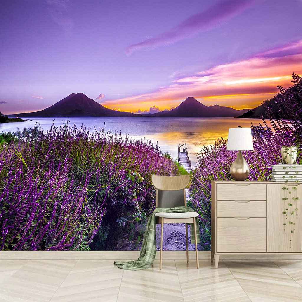 Papier peint panoramique violet pour un salon moderne au coucher du soleil 350x256 cm