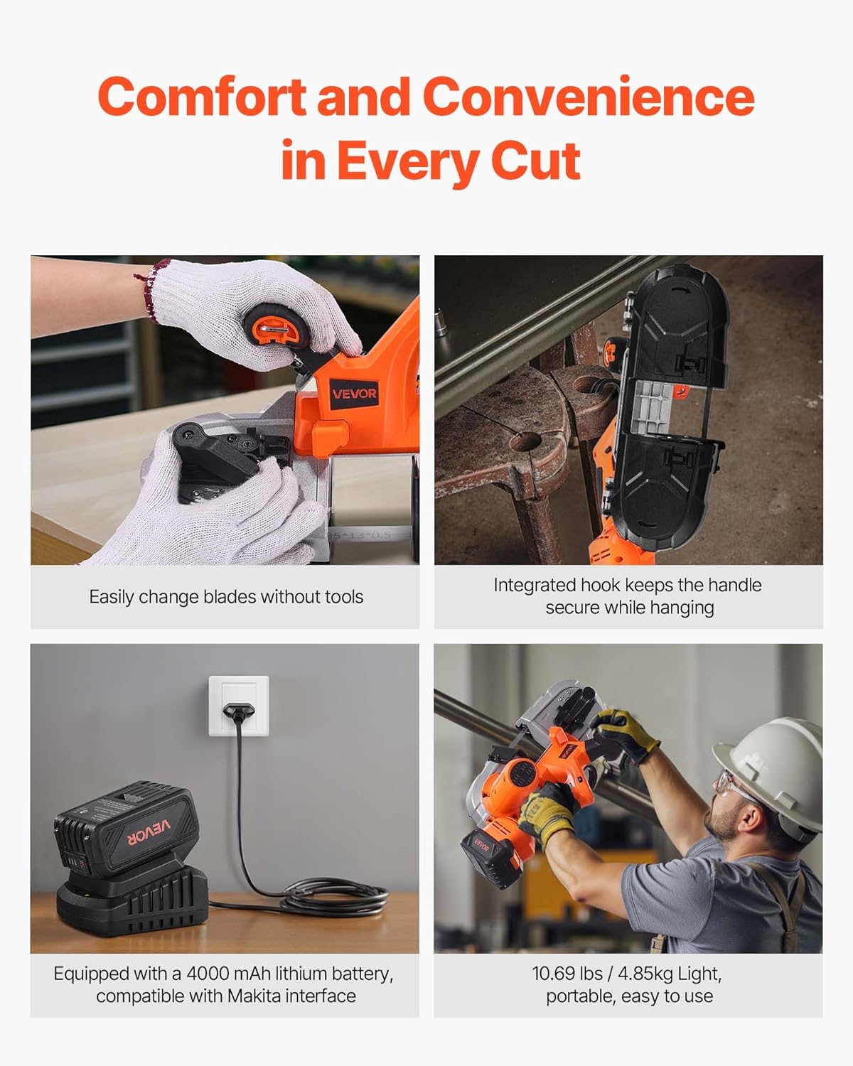 Four images showing features: easy blade change, integrated hook, battery charging, and lightweight design