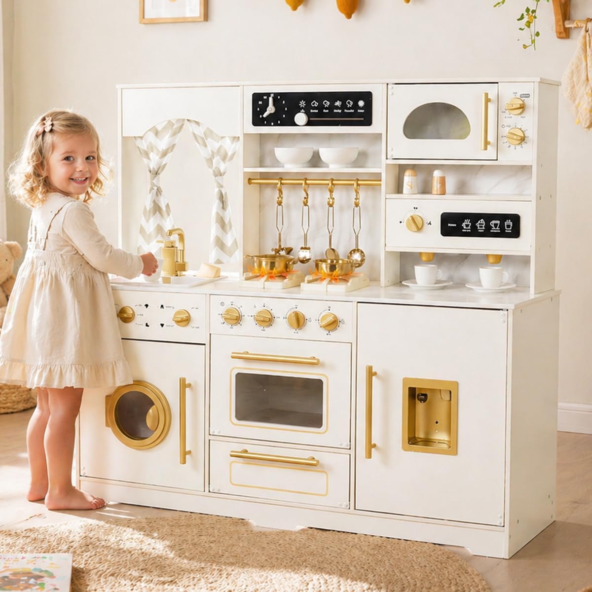 Wooden Play Kitchen Set with Ice Maker, Water Dispenser, Coffee Maker,Big Toddler Toy Kitchens Playset with Washing Machine,Sink with Running Water, Stove with Light&Sound,Gift for 3+boy Girl (White)