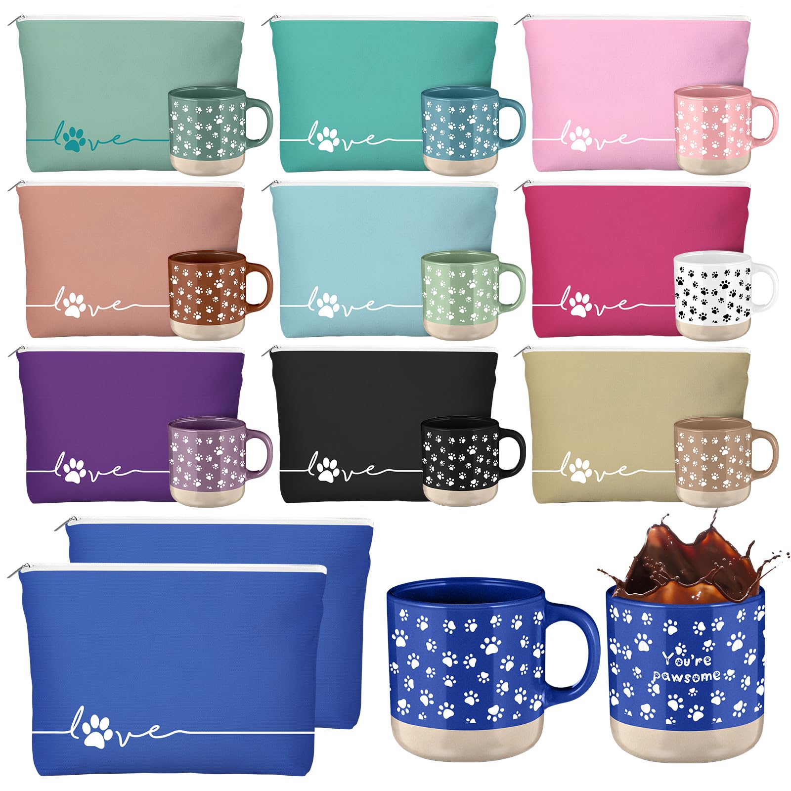 Sliner 20 Pcs Vet Assistant Week Appreciation Gift Bulk You‘re Pawsome Coffee Mug & Canvas Makeup Bag Set, Vet Tech Graduation Gifts for Veterinarian Medicine Assistant Nurse, Classic, Multicolor