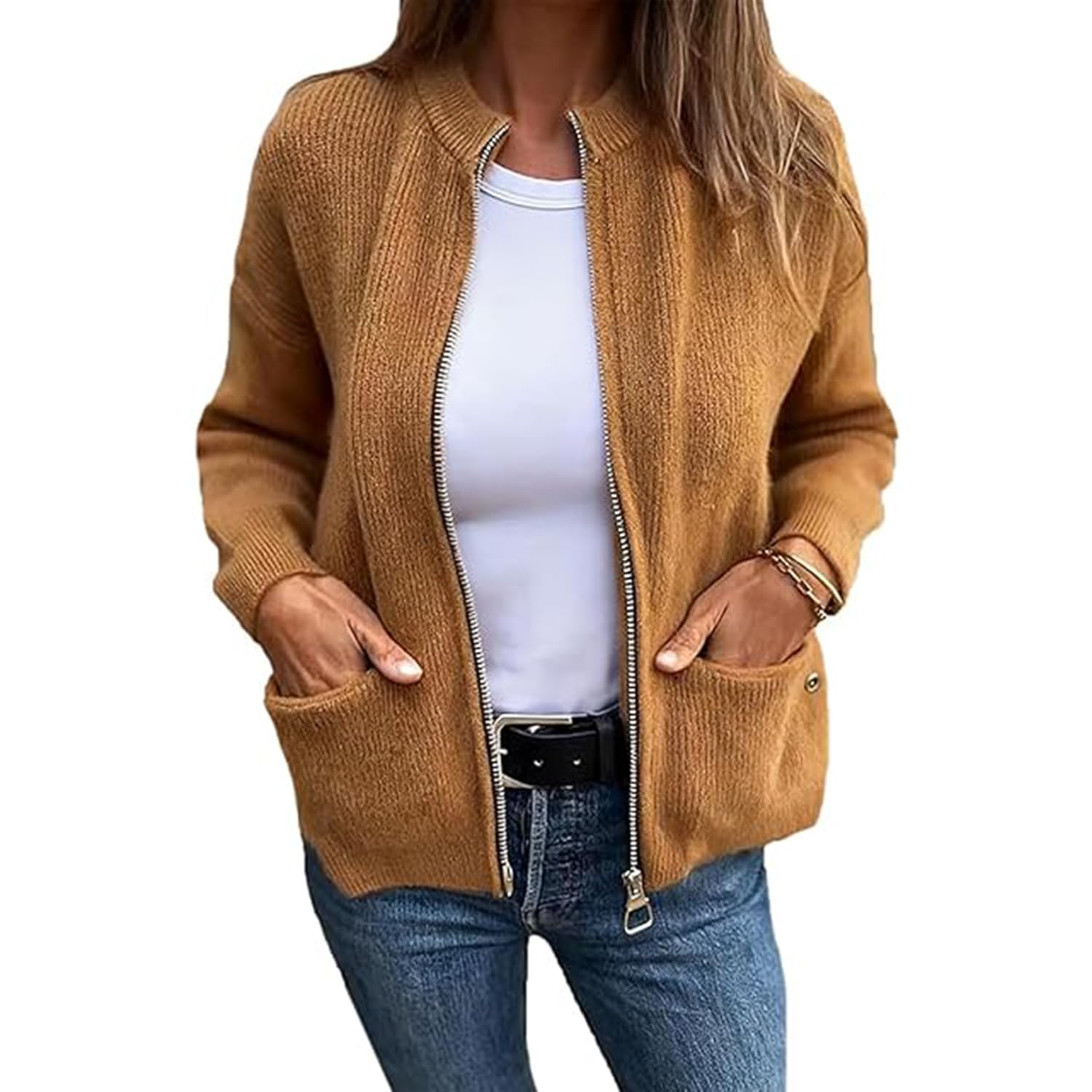Womens Round Neck Zipper Knitted Jacket Ribbed Knit Zip-Up Cardigan with Pockets Solid Zipper Sweaters for Women