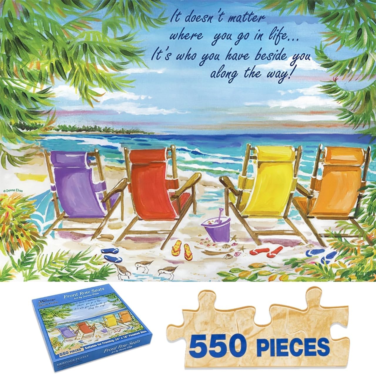 Heritage Puzzle Front Row Seats - 550 Piece Jigsaw Puzzle Size 24" x18" by Donna Elias - Beach Puzzles for Adults - Coastal Theme Beach Puzzle - Suitable for Framing - Made in U.S.A.