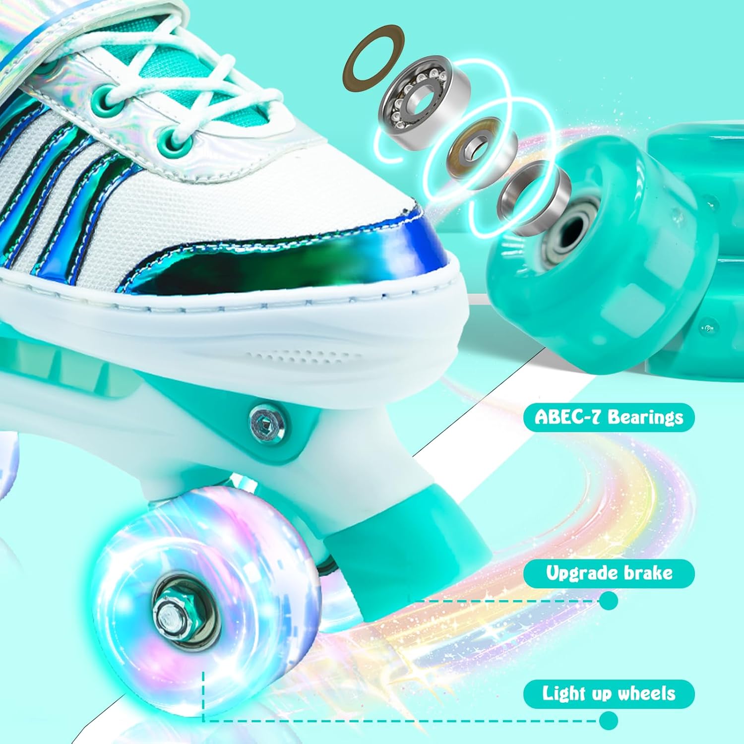 Roller Skates for Girls Kids Boys,4 Size Adjustable Indoor Outdoor Quad Rollerskates with Light up Wheels for Beginners Ages 3-12