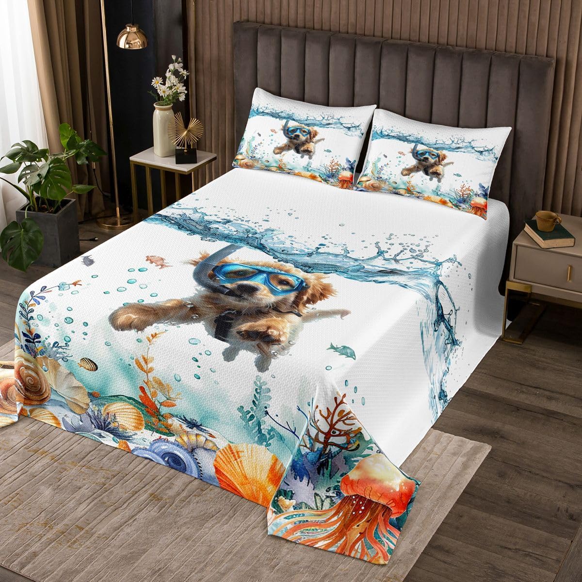 Homewish Swimming Dog Quilt Sets Twin Size,Ocean Diving Dog Bedspread Coverlet 2Pcs for Kids Girls Boys Room Decor,Sea Coral Shell Jellyfish Quilts Set Pet Animal Bedding Comforter,1 Pillowcase