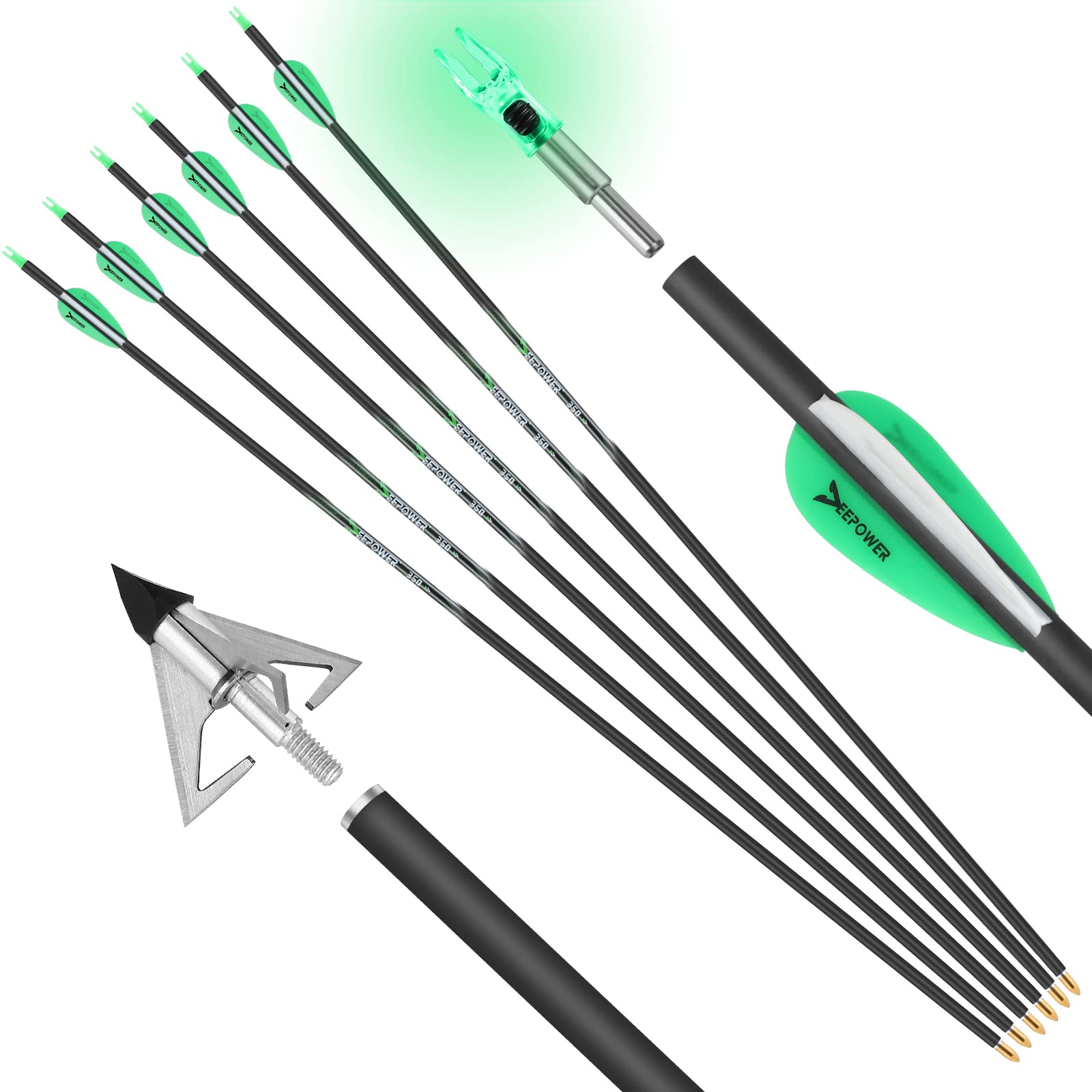DEEPOWER 31 inch 100 Carbon Arrows with Lighted Nocks and Broadheads 6