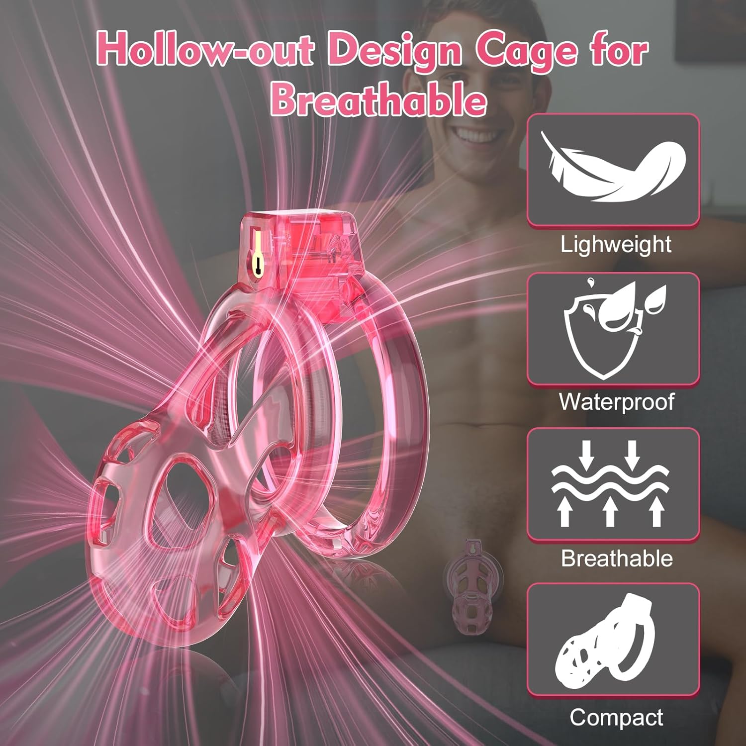 Male Chastity Cage Devices - Soft Silicone Cock Cage Lightweight for Man Penis Bondage, Pink Sissy Chasity Lock Cage Invisible Use with 6 Penis Rings, BDSM Sex Toys for Men