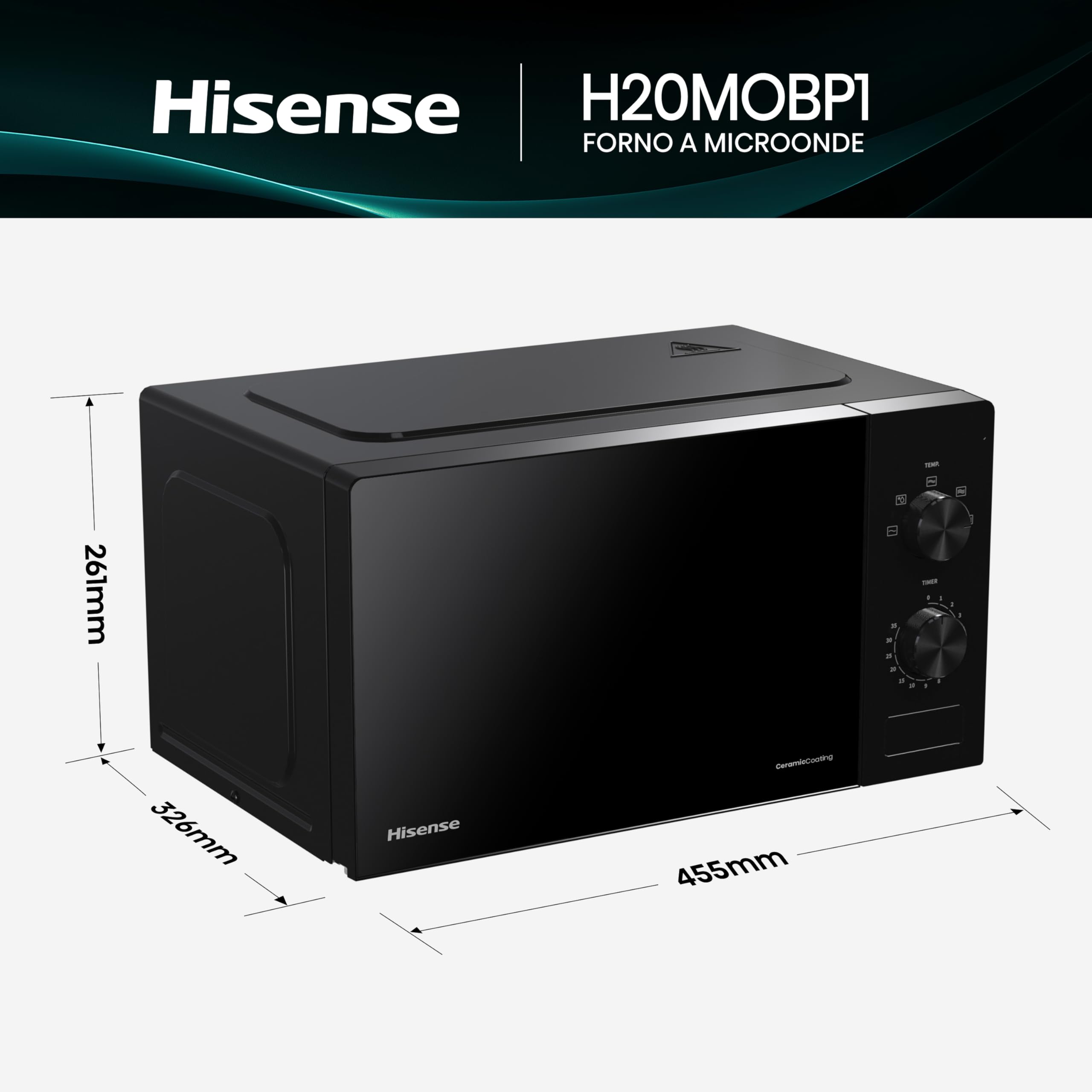 Hisense H20MOBP1 Forno a Microonde, Nero con Manopole, Capacità 20 litri, 5 Livelli di Potenza, Vetro Ceramica, Funzioni Timer e Defrost Rapido