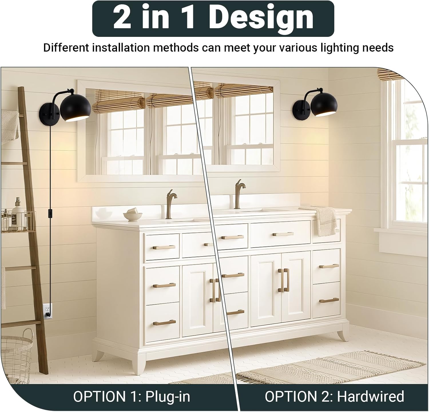 Plug in Wall Sconces Set of 2, Adjustable Angle Black Wall Lights with Plug in Cord & On/Off Switch, Bedside Wall Mounted Lamp with Globe Shade for Bedroom Living Room Bathroom(2 Bulbs Included)