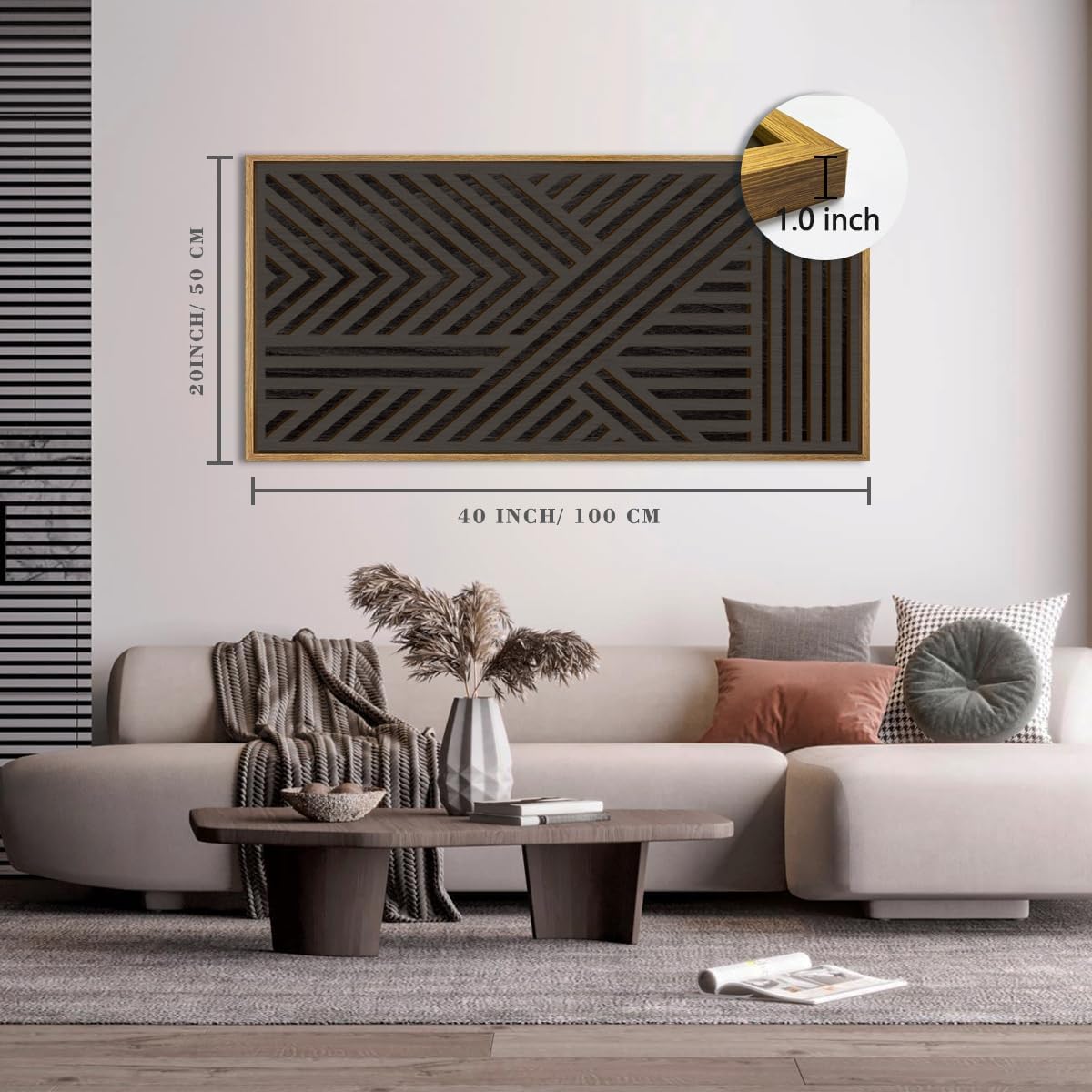 IARTTOP Extra Large Wood Black Wall Art 20x40 Inch Framed Abstract Geometric Wooden Wall Decor Modern Minimalist Neutral Wall Sculpture for Living room Bedroom Dining room Single black 40"L x 20"W