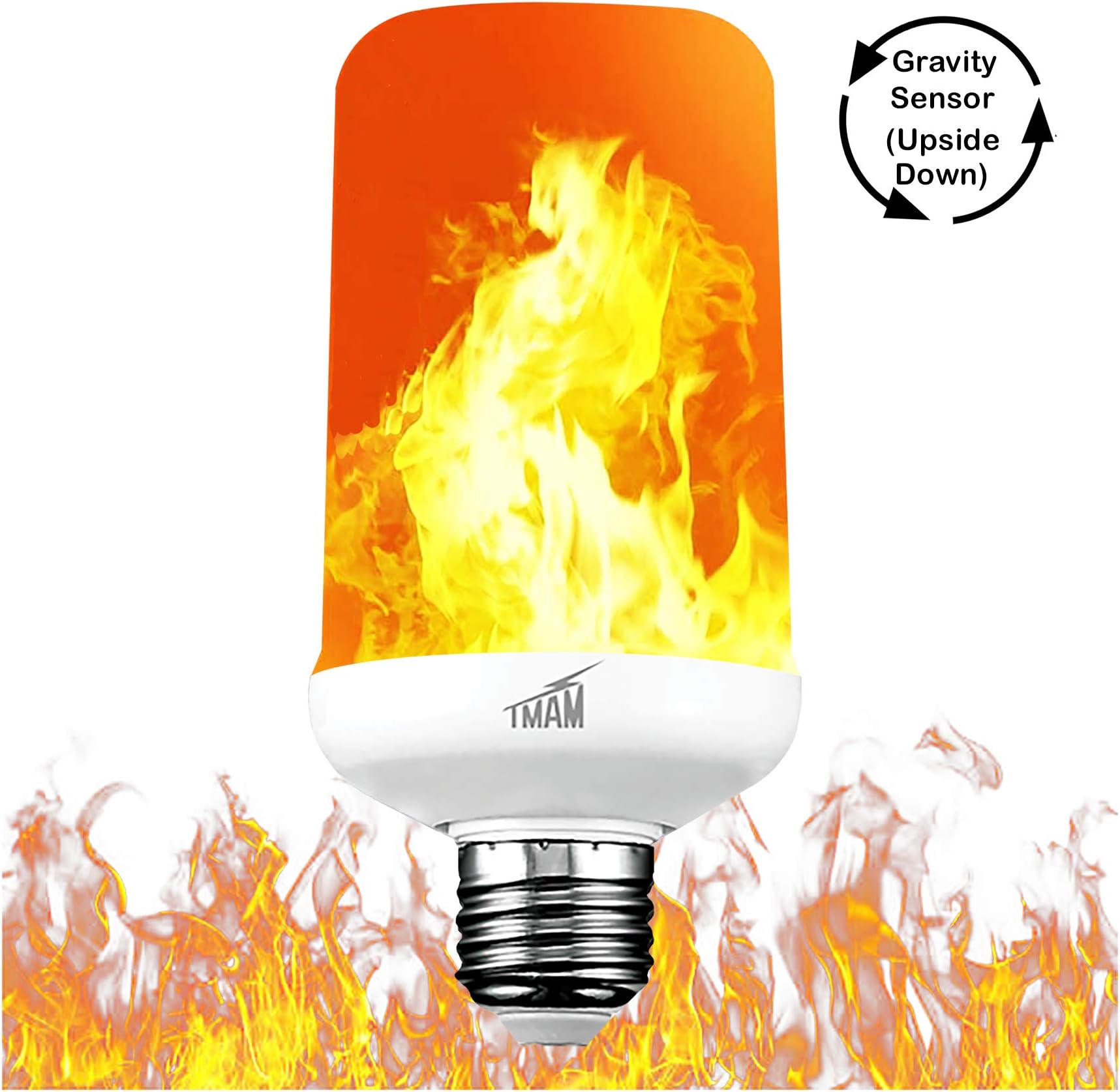 TMAM LED Flame Effect Light Bulb - LED Flickering Flame Light Bulbs, Simulated Decorative Light Atmosphere Lighting Vintage Flaming Light Bulb, Gravity Sensor-Upside Down, E26, 3 Modes,(1 Pack)