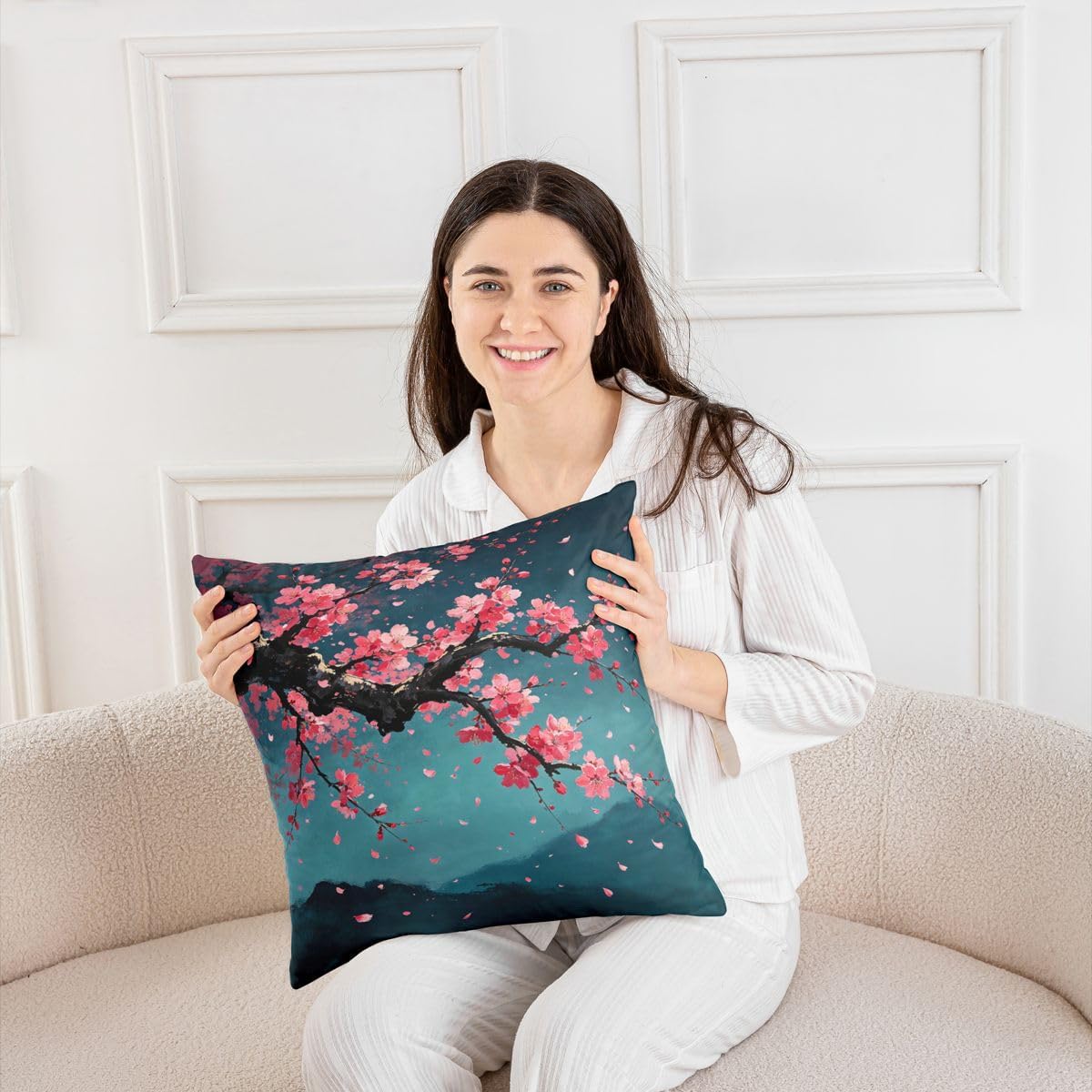 Feelyou Cherry Blossom Throw Pillow Covers Set of 2 Flower Floral Decorative Pillowcase Japanese Anime Cushion Covers for Sofa Couch Bed Cushion Case Home Decor 16 x 16-Inch image 4