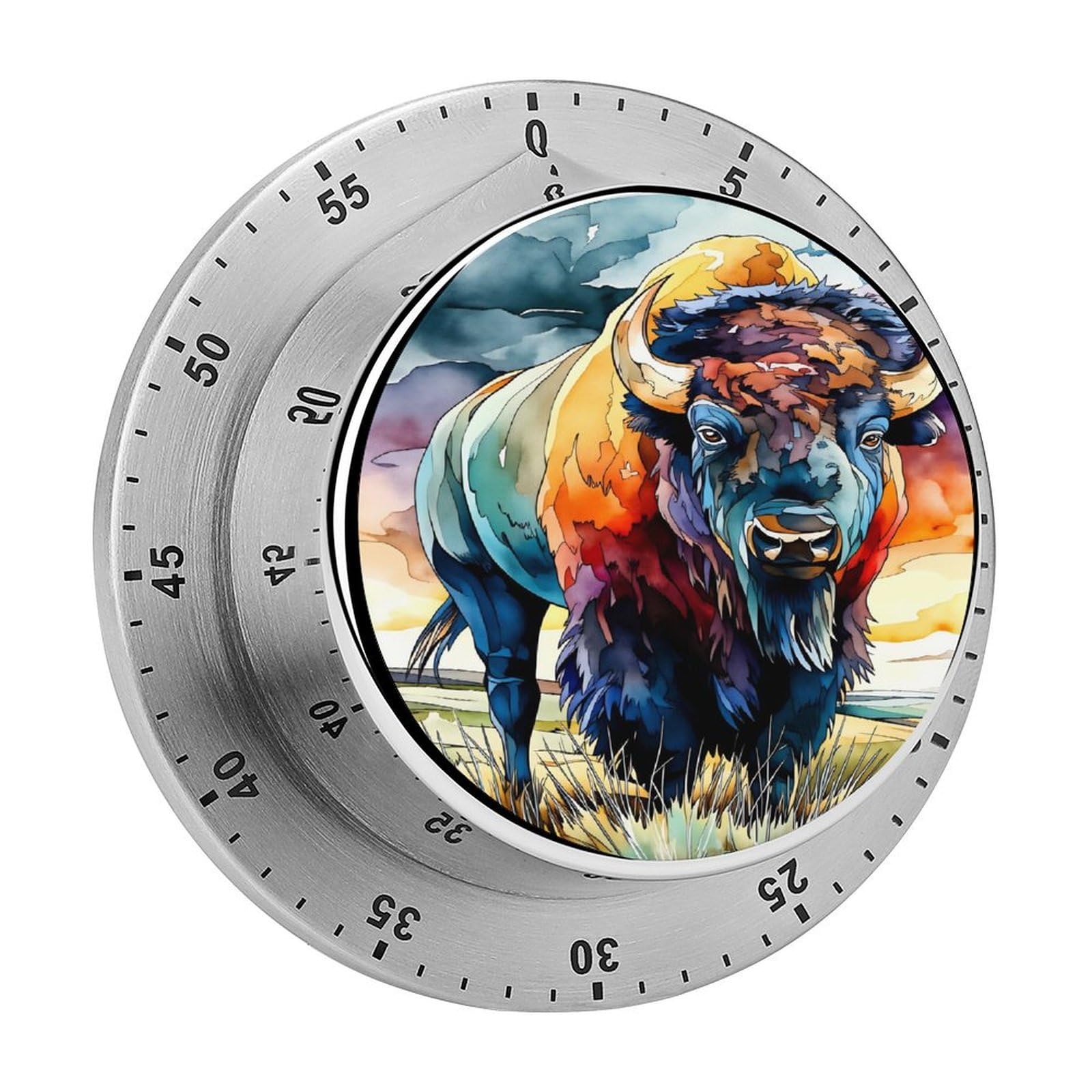 Watercolor Bison Wildlife Art 60 Minute Wind Up Timer,Visual Mechanical Magnetic Timer with Loud Alarm for Kitchen