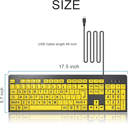 Miniatura 7 de Teclado de computadora de impresión grande, teclado USB de alto contraste con cable con letras de impresión de gran tamaño para personas con