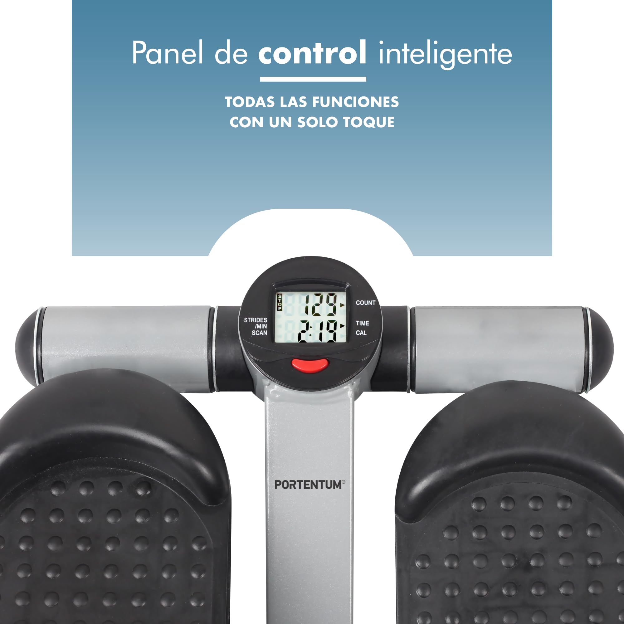 PORTENTUM Mini Stepper Fitness casa con Bandas de Resistencia y Pantalla LCD 5 Funciones — Máquina Steps 3-en-1 para piernas, glúteos y Brazos — Potencia Regulable — Compacto y fácil de Guardar