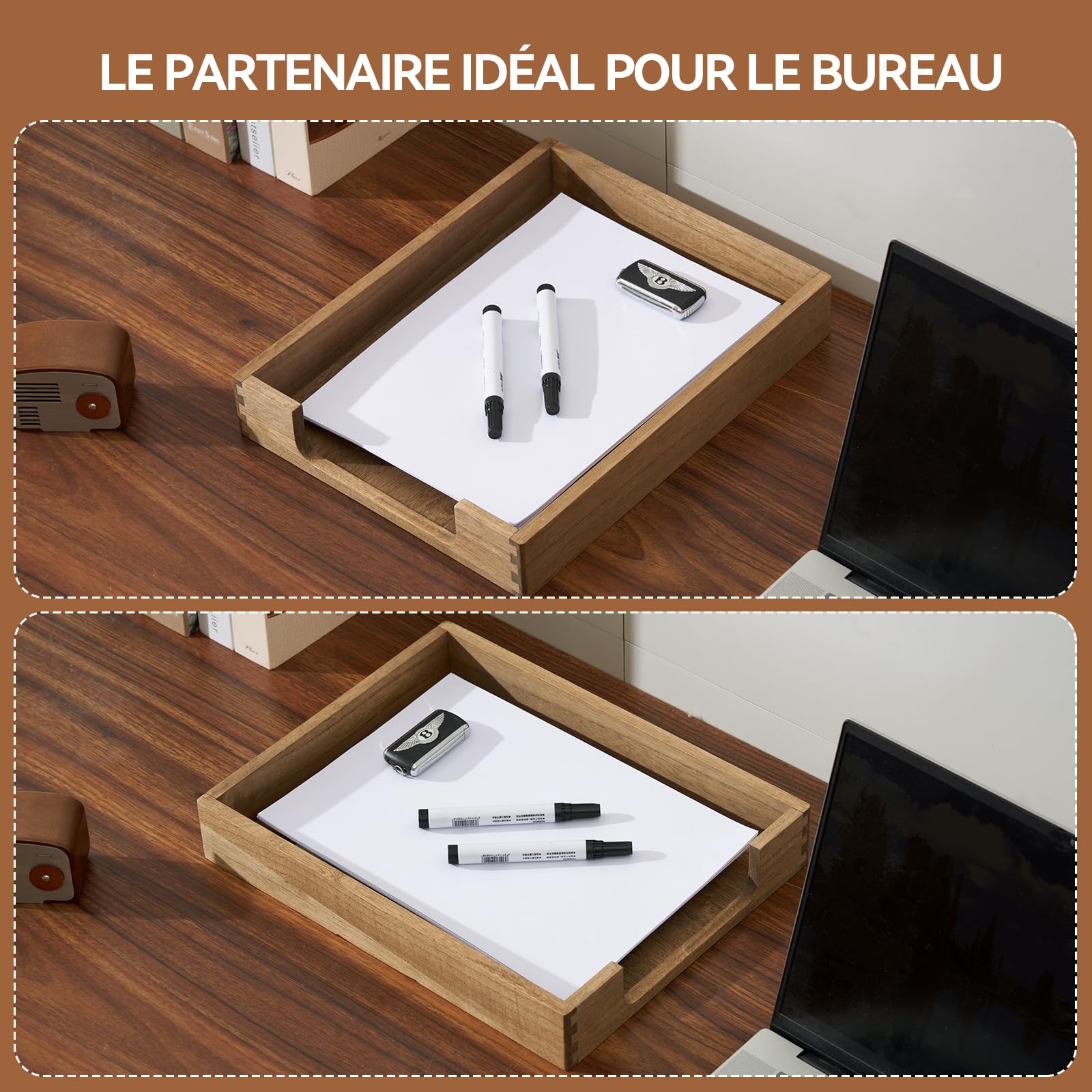 KIRIGEN Organisateur De Bureau En Bois Brun - 4 Compartiments + Tiroir - Porte-lettres