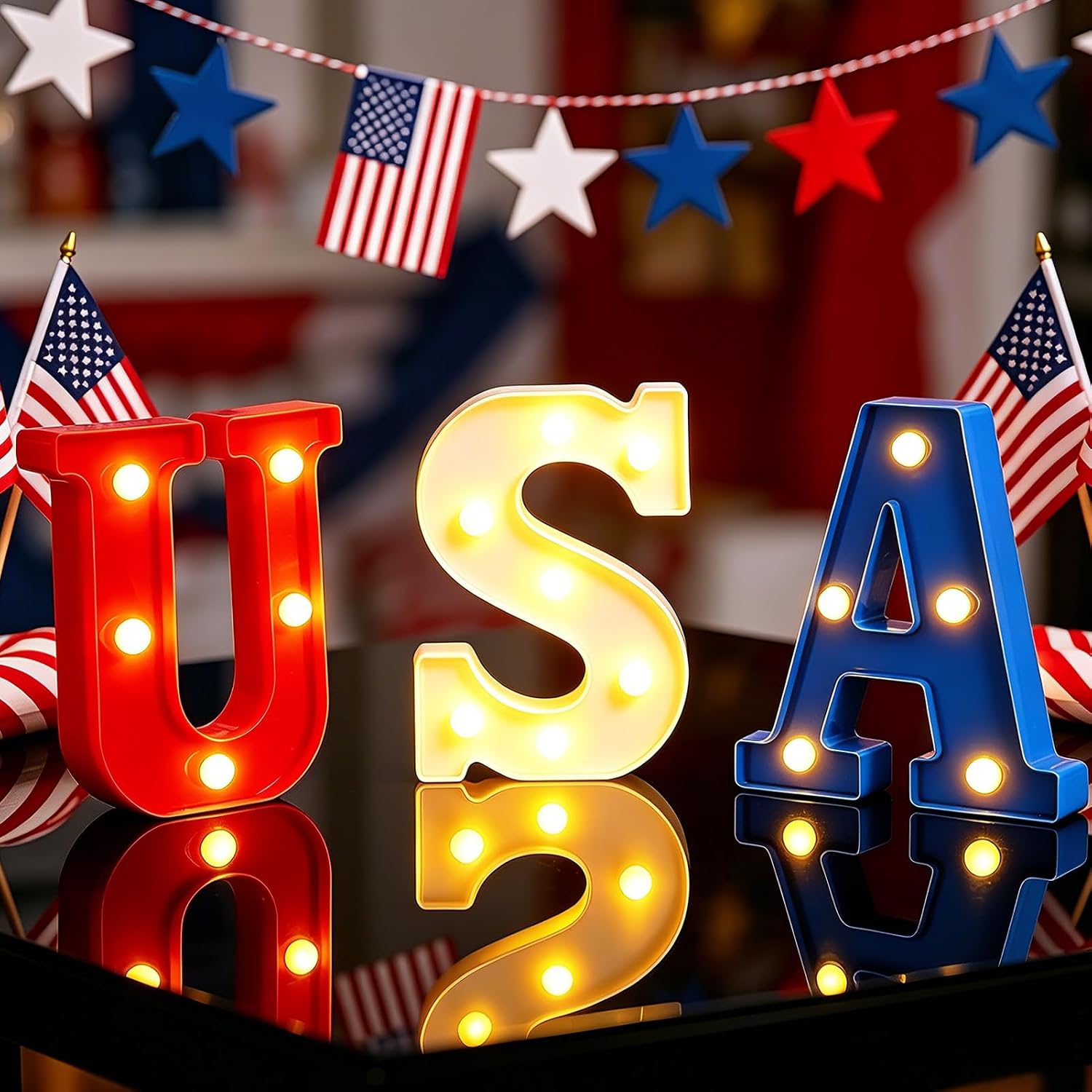 6.3" USA Light Up Letter Sign, Marquee Letter Lights for Independence Day 4th of July, LED Light Up Alphabet Letter Sign Table Decor for Patriotic Table Home Party Decoration