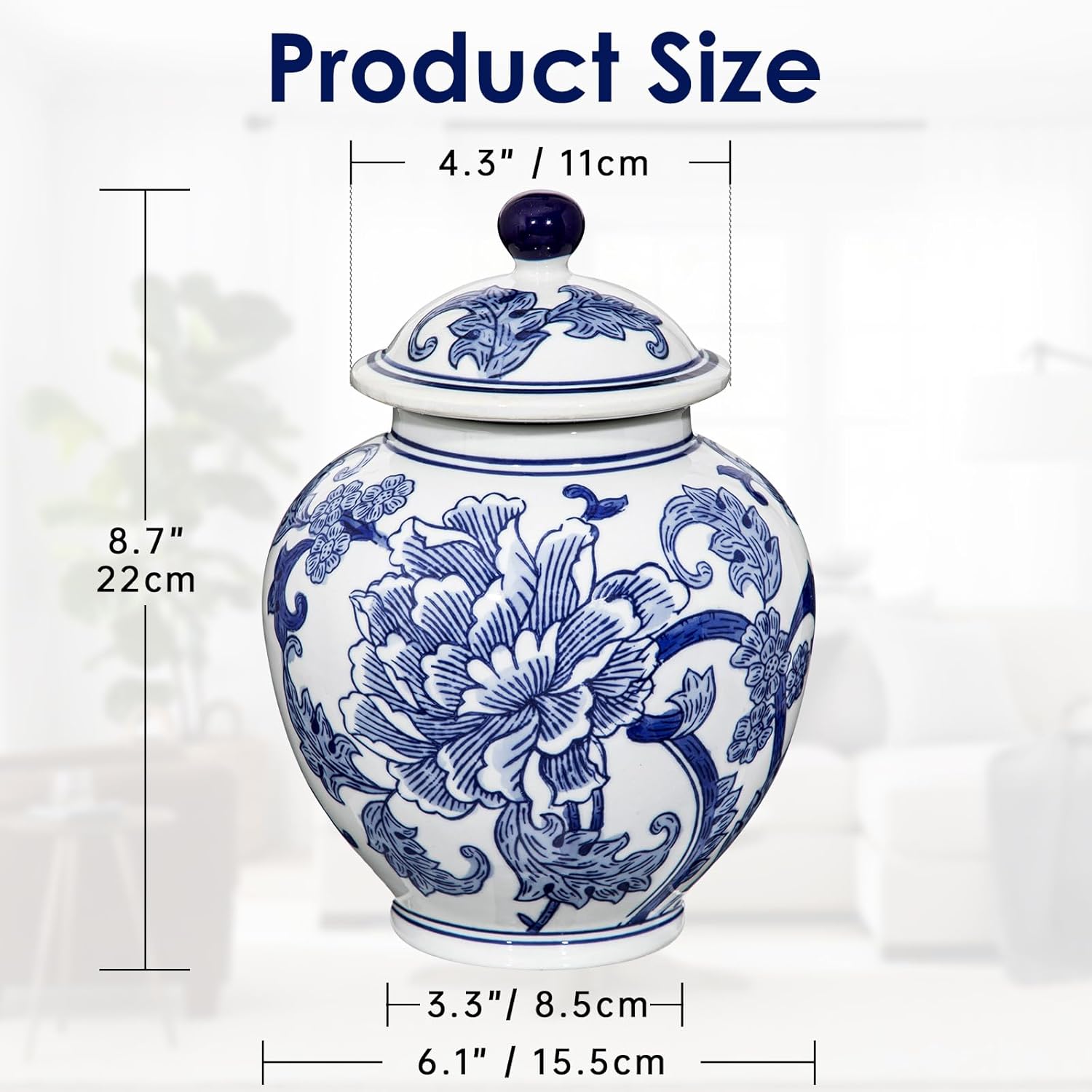 Blue and White Vase Ginger Jar - 8.7" Chinoiserie Decor Ginger Jar Blue & White Porcelain Flowers Ceramic Covered Jars with Lid Chinoiserie Decorative Vase for Home Room Office Tabletop Centerpieces