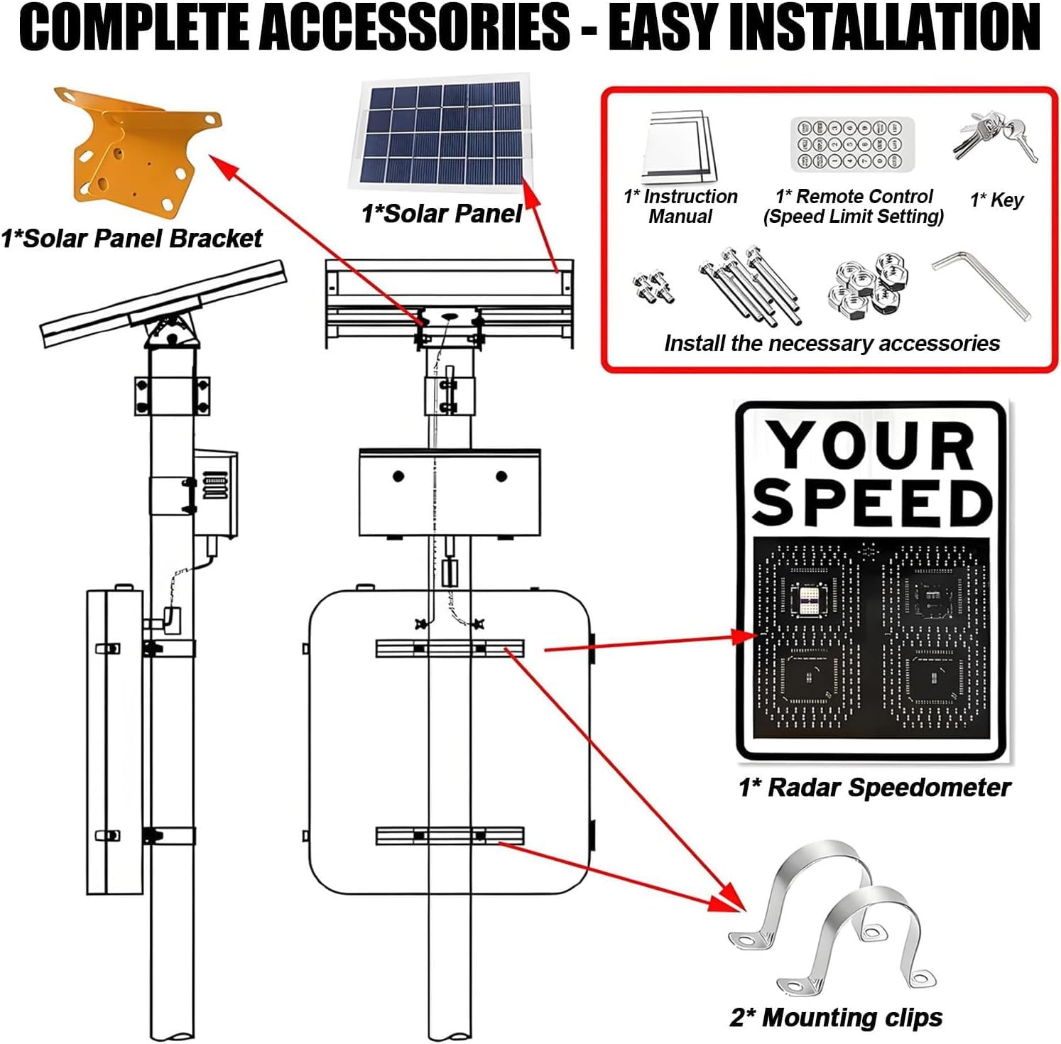 Panneau De Limitation De Vitesse Radar Solaire avec Accessoires, Panneau Davertissement De Vitesse avec Retour Dinformation, Panneau De Retour Dinformation Radar Yellow 60X75cm