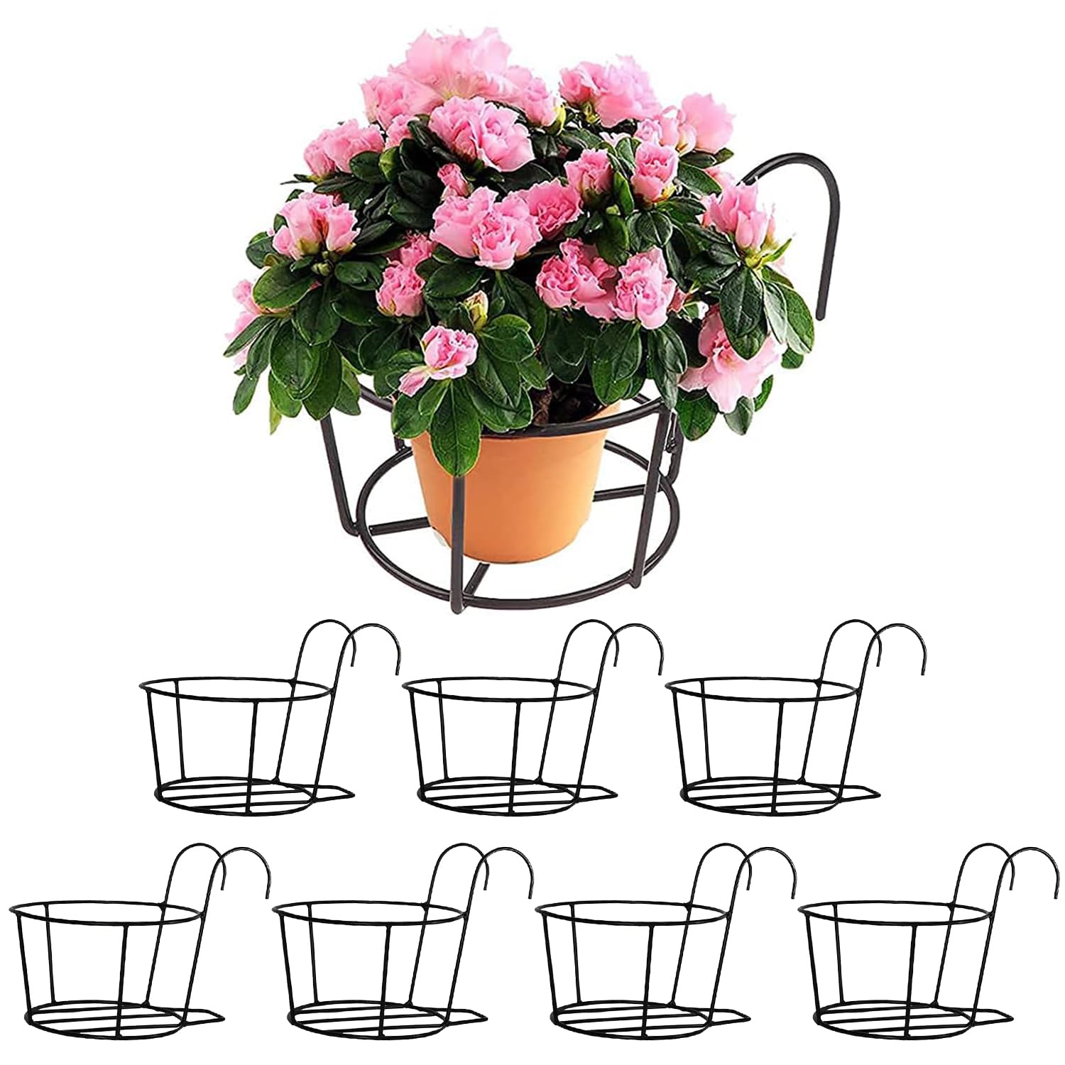 ORILEY Hanging Flower Pot Holder Round Balcony Plant Basket Railing Planter Iron Art Over The Rail Fence Potted Rack Decor for Orchid Deck Patio Ledge (Pack of 8)