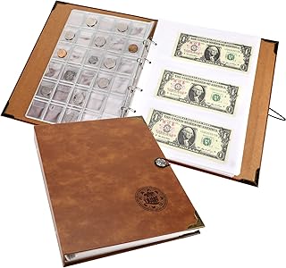 JIELISI Coin Collecting Holder Album with 150 Coin Pockets and 240 Paper Currency Pockets, Large Storage Book for Collectors, PU Leather Coin Currency Album Supplies Holders with Retro Buckle