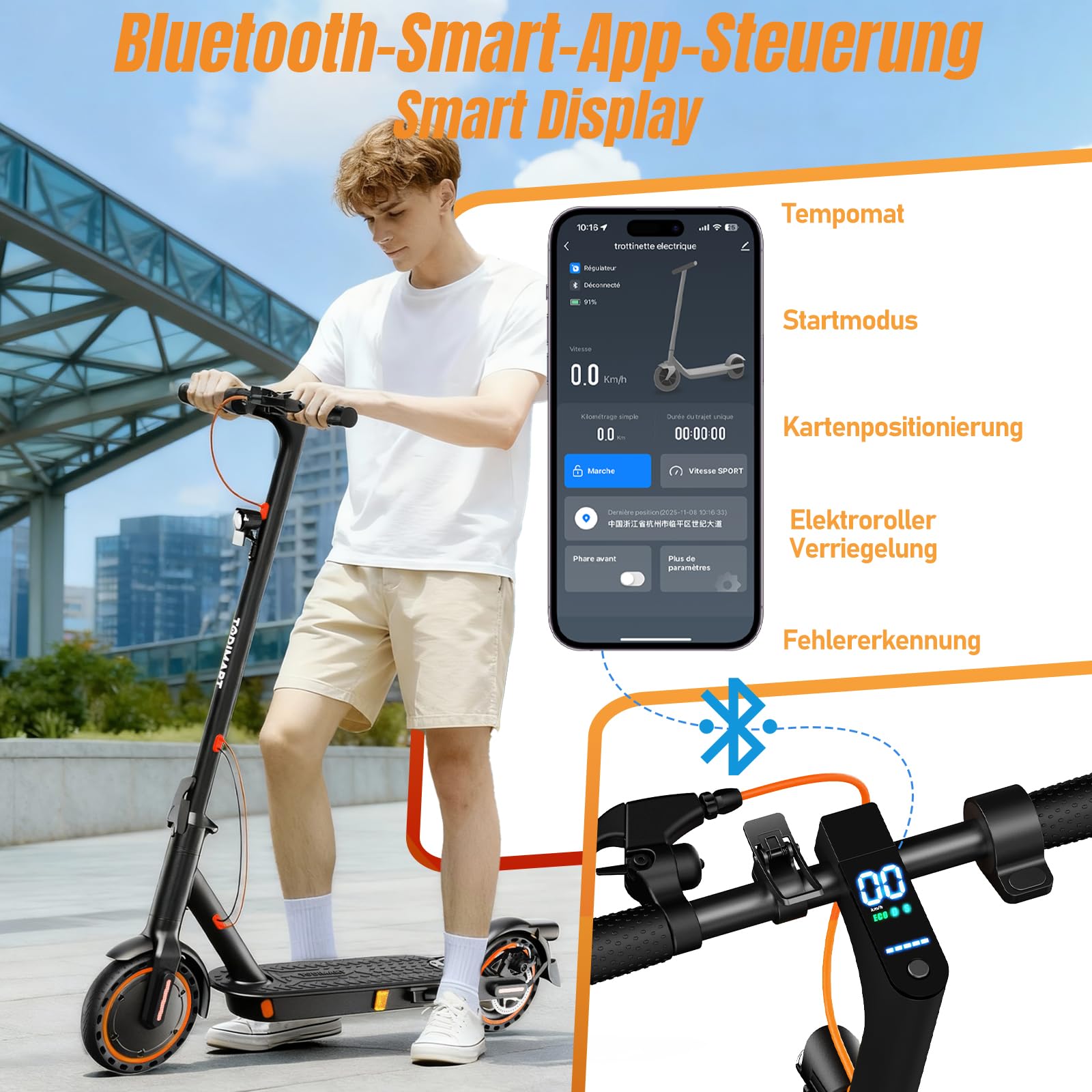 TODIMART E Scooter Roller mit Straßenzulassung mit APP, 30-35km Reichweite, 350/500W Motor, 8,5 Zoll Wabenreifen, Duales Bremssystem E Roller