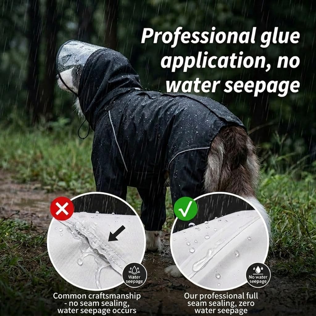Dog Raincoat for Medium Large Dogs,rain Jacket Coat, Full Leg Coverage Waterproof Rain Suit with Detachable Hood & Tail, Reflective Strips, Snag-Free Top Zipper (Black for Girl, Large)