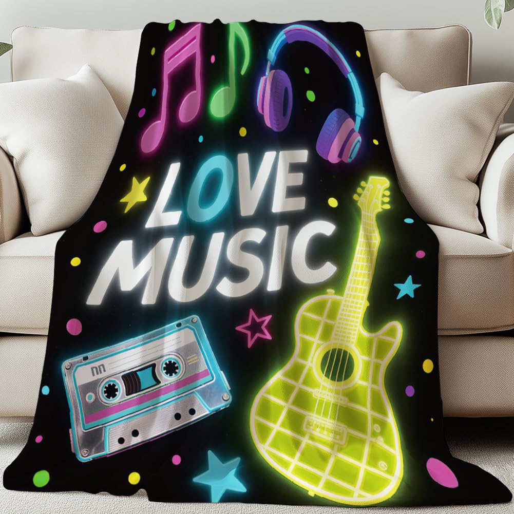 GLOBLELAND Love Music Throw 59×51inch Musical Notes Soft Cozy Flannel Blanket Guitar Washable Fuzzy Throw Blanket for Home Office Room Bed Sofa Chair Gift Wedding Valentine's Day Anniversary