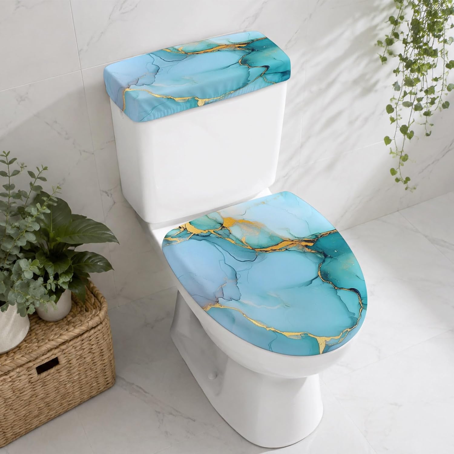 Teal Marble Toilet Lid Cover and Tank Cover Set, Washable Stretch Fabric Toilet Covers with Elastic Edge, Modern Ink Painting Luxury Modern Art Universal Lid Protector for Home Hotel Bathroom Decor