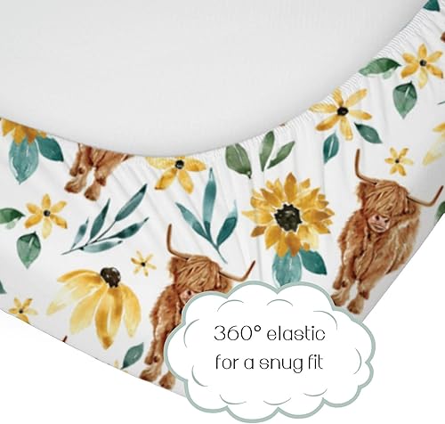 Miniatura 2 de Highland Cow - Sábana bajera estándar para cuna para bebé, diseño de flor de yak de animales de granja occidental, suave y elástica, decoración