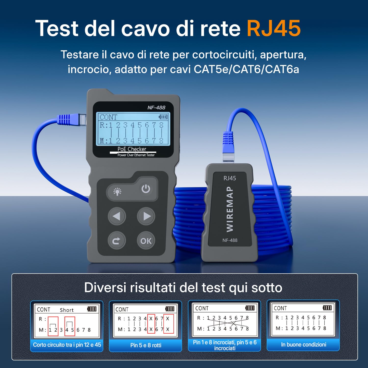 Mcbazel Tester di Rete RJ45, Tester per Cavi di Rete con Display LCD, Funzione POE
