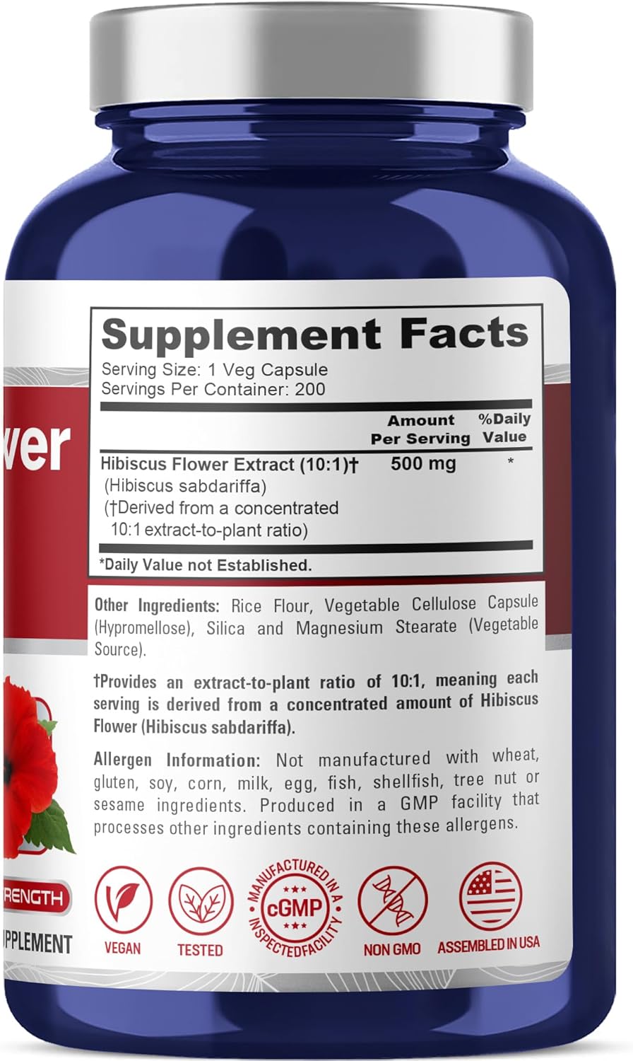 NusaPure Hibiscus Flower Capsules, 500 mg, 200 Veg Capsules (Non-GMO, Vegan)