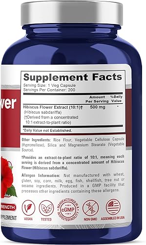 Miniatura 2 de NusaPure Cápsulas de flores de hibisco, 500 mg, 200 cápsulas vegetales (sin OMG, veganas)