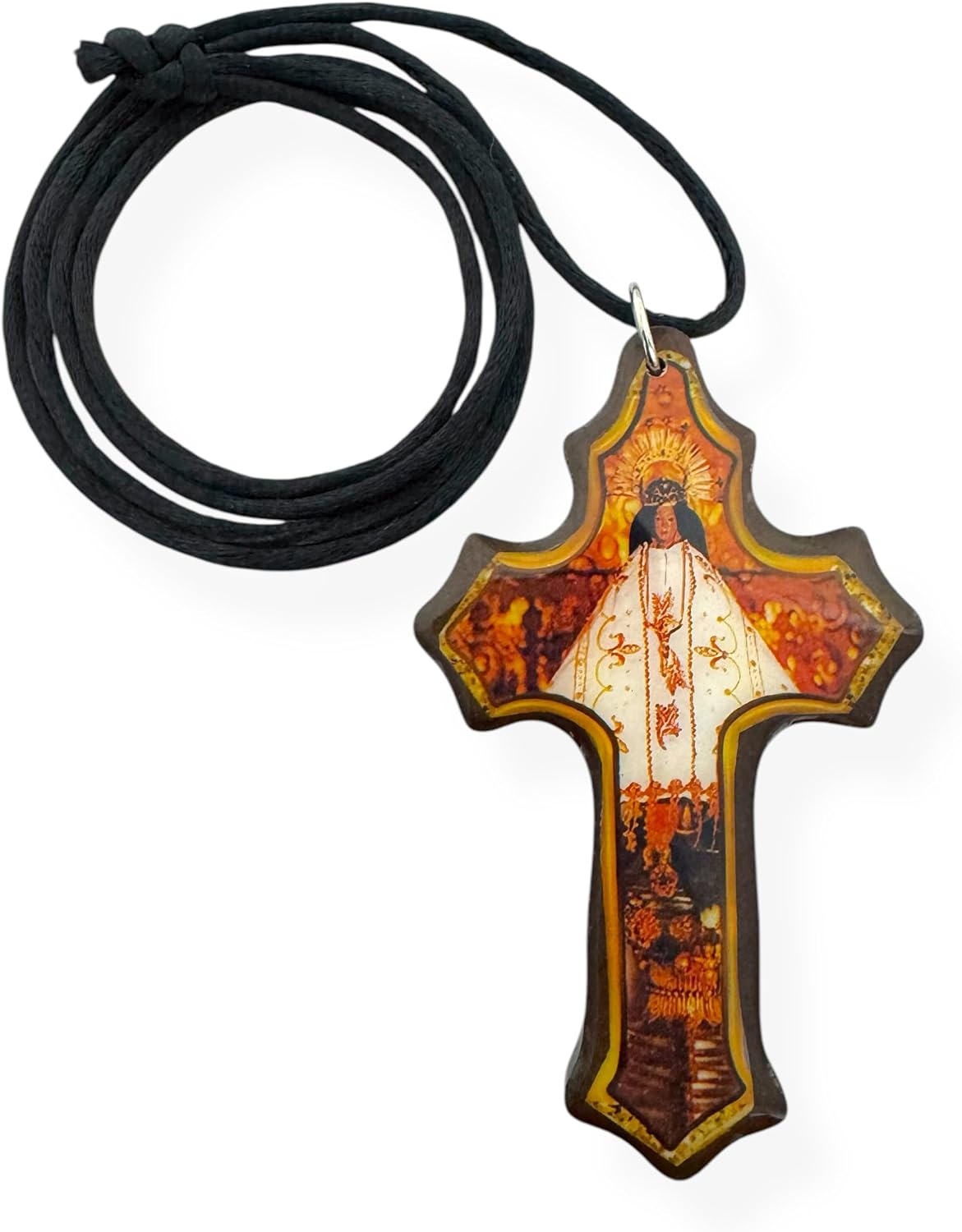 Our Lady of Juquila Virgen María Brown Wood Escapulario Collar Cr - Relieve y Grabado Sacro