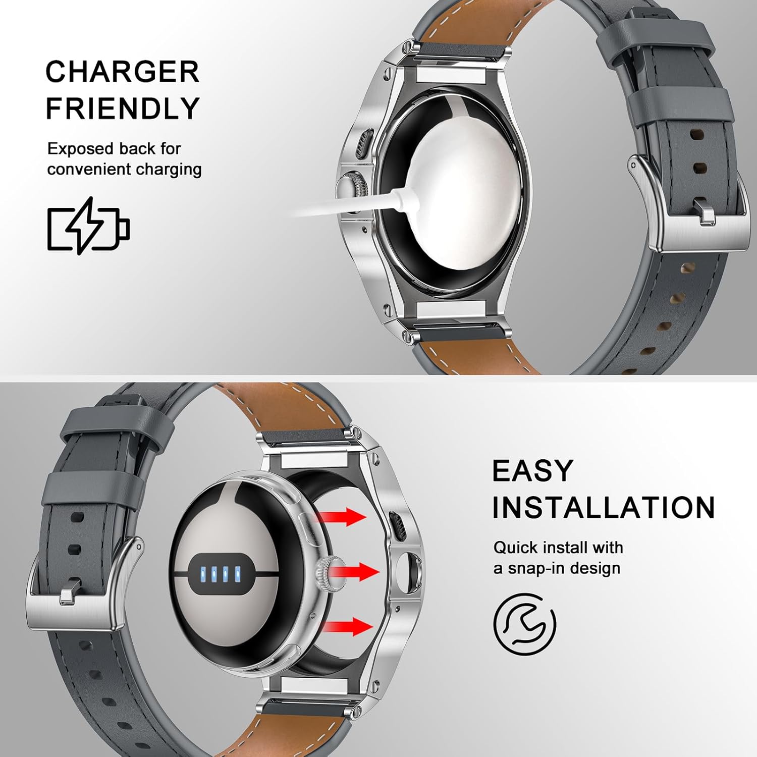 MioHHR Leather Watch Bands with Stainless Steel Case Compatible with Google Pixel Watch 3 2 1,Genuine Leather Replacement Bands for Google Pixel Watch 41mm 45mm Women Men