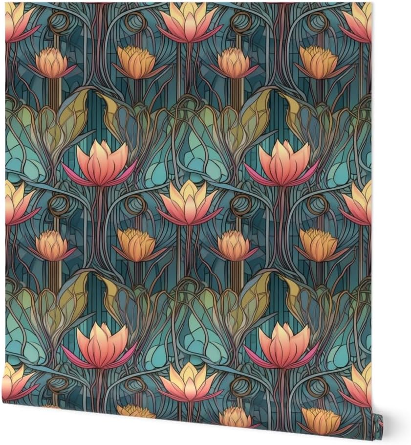 Spoonflower Peel & Stick Wallpaper 12ft x 2ft - Art Deco Floral Egyptian Lotus Stained Glass Nouveau Flowers Botanical Vintage Blue Custom Removable Wallpaper