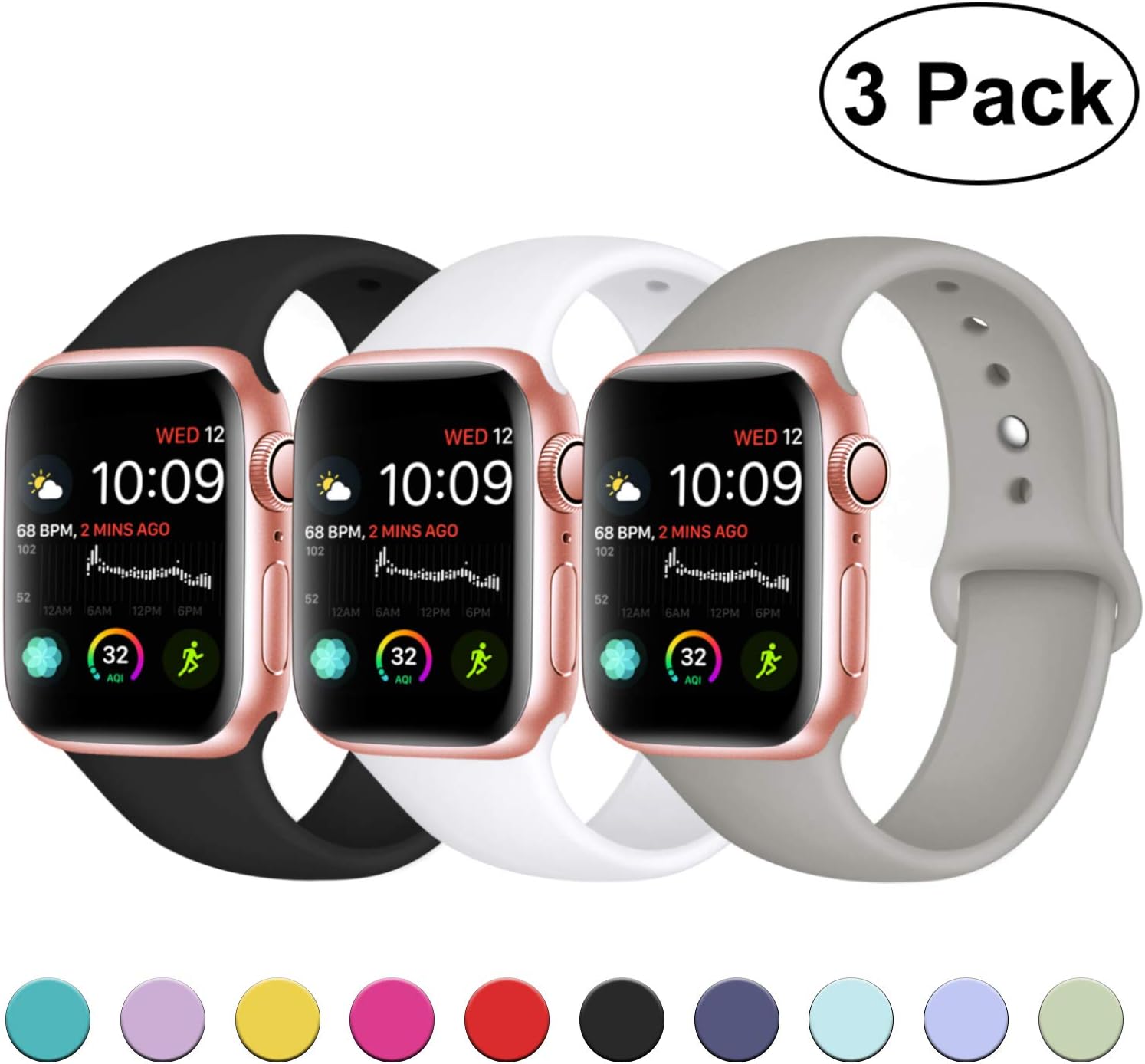 DaQin Bands Compatible with Apple Watch Band 38mm 40mm, Soft Silicone Sport Replacement Wristbands Strap for Apple iWatch Series 4, Series 3/2/1, Black/White/Gray, S/M