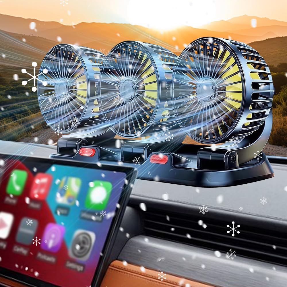 Lotvic Ventilateur de Voiture à Trois Têtes avec 2 Modes de vent fort et Rotation à 360°, Ventilator Auto pour SUV, RV, Camion, Van, Véhicules