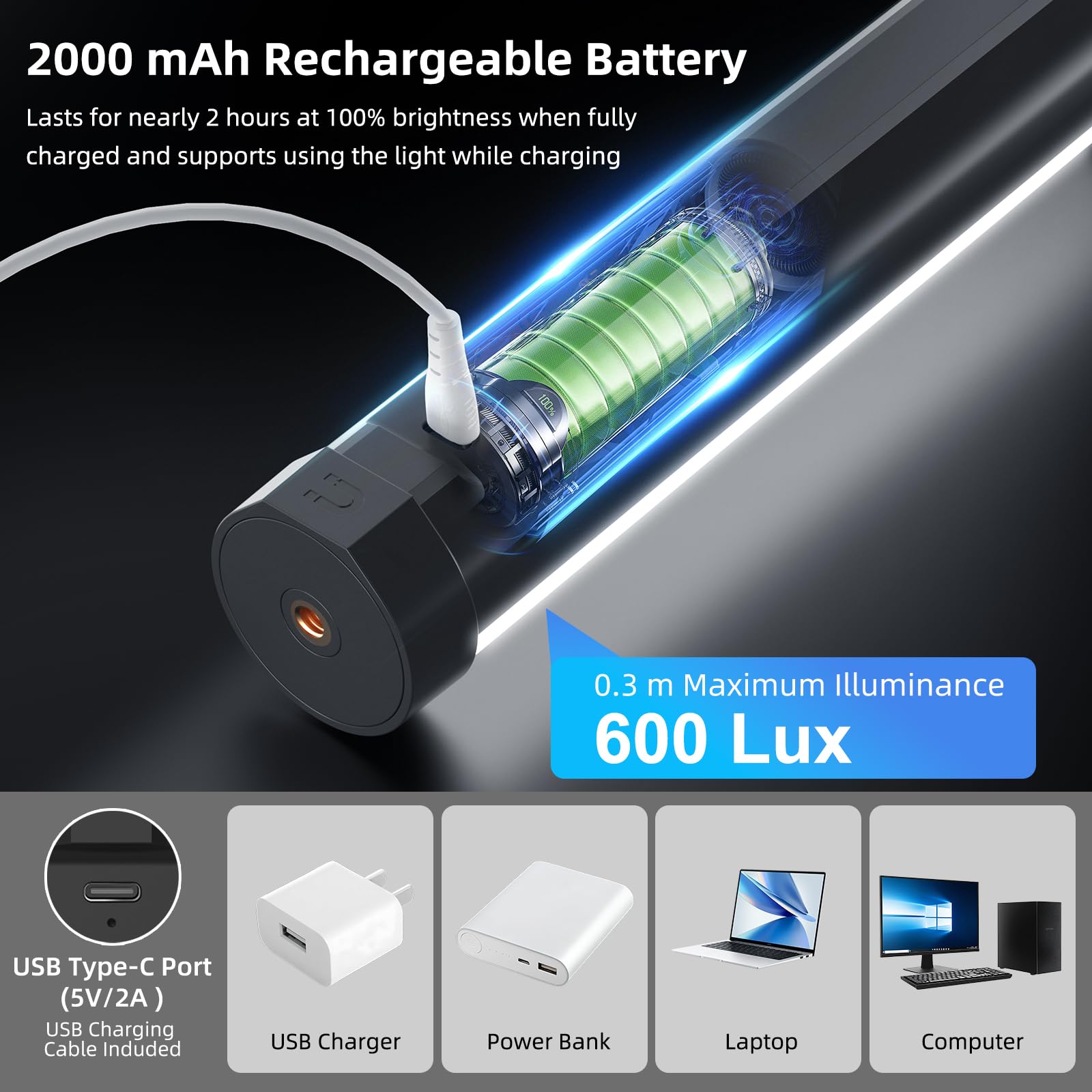 LUXCEO P100 20cm RGB Video Tube LED Light,Baton Lumineux,Magnetic Rechargeable Lightstick Multi-angle Éclairage,Lampe Photo Portable pour Tiktok,Youtube,Tournage Vidéo,Brightness Adjustable,3000/6000K