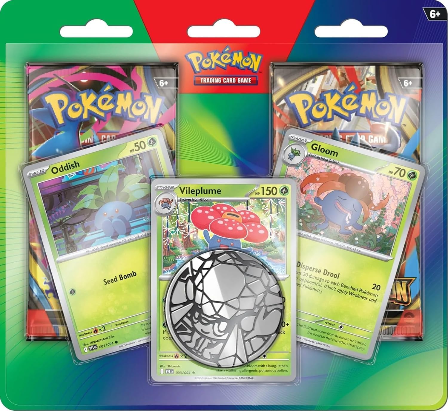 Gioco di carte collezionabili Pokemon TCG, confezione da 2 blister 1 Phantasmal Flames, 1 Mega Evolution e 3 carte promozionali Oddish, Vileplume, Gloom e Coin