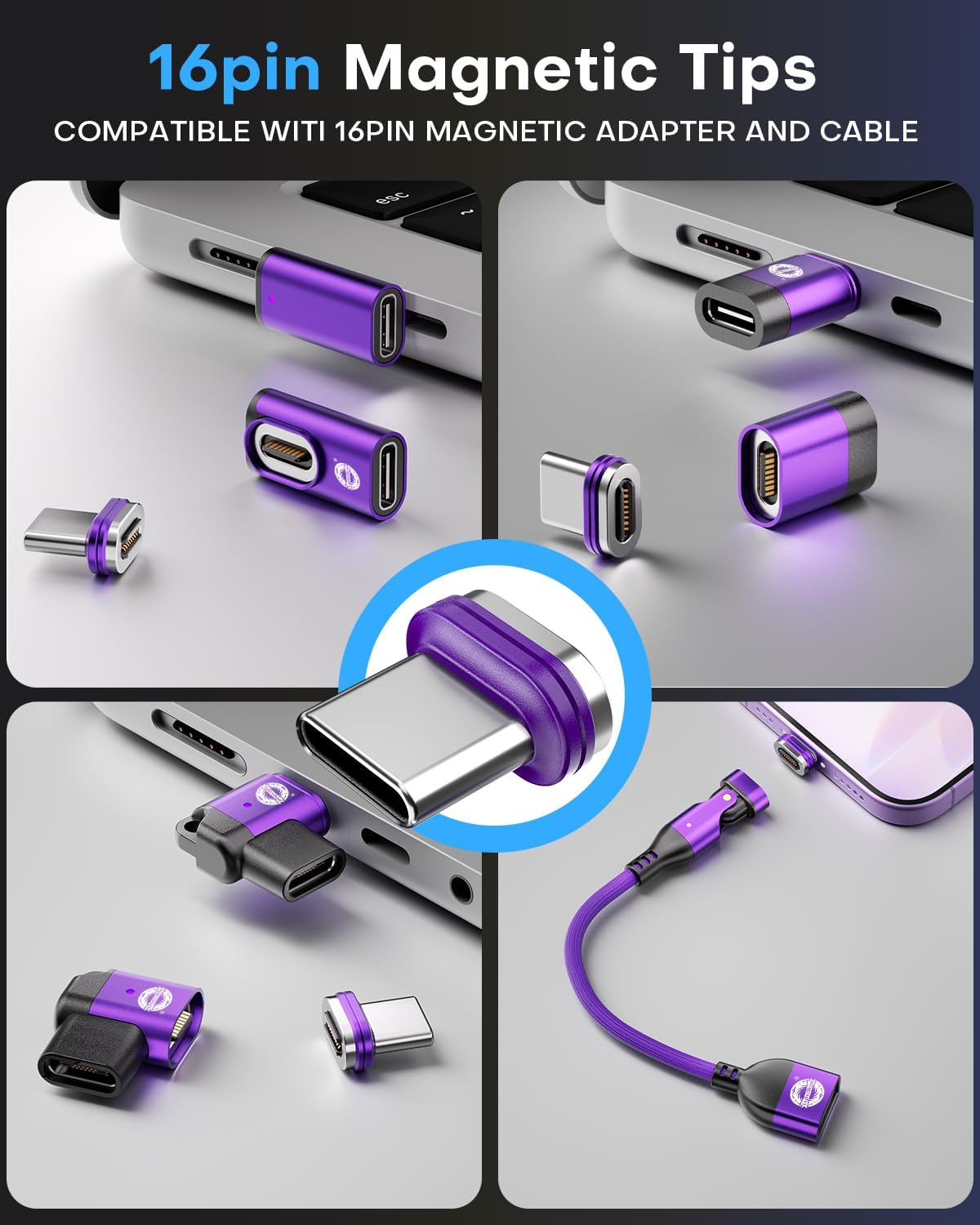 Magnetic 16-Pin Lightning Connector Tip, 240W PD Fast Charging 480Mbps Data Transfer, Anti-Arc Design, 3rd Gen Neodymium Magnet, for 16PIN Magnetic Adapter, iPhone iPad, 3Pack