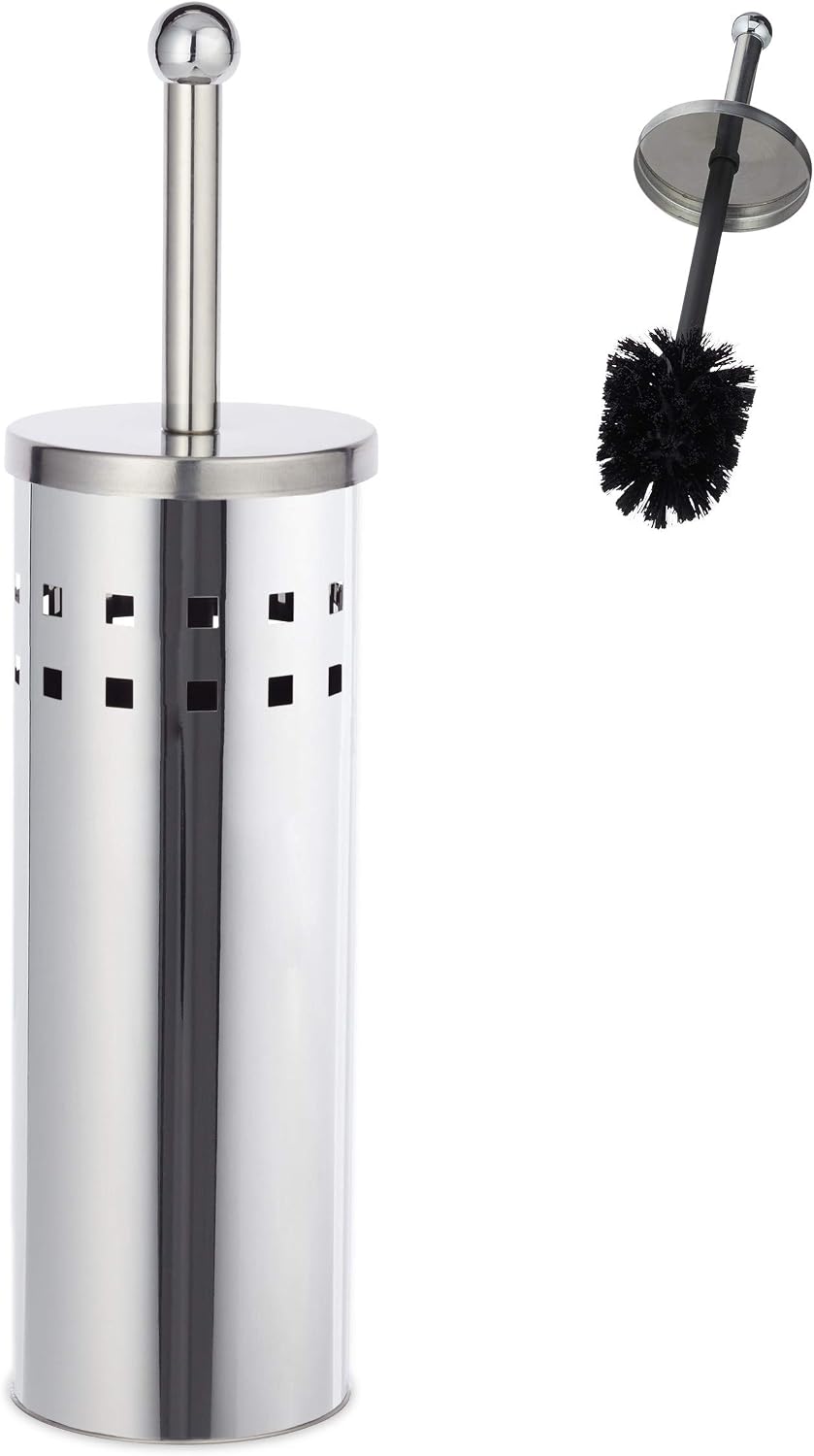 Relaxdays WC Accessory Set, Toilet Holder, Exchangeable Brush Head, Freestanding, Stainless Steel, Silver/Black, 39 x 10 x 10 cm