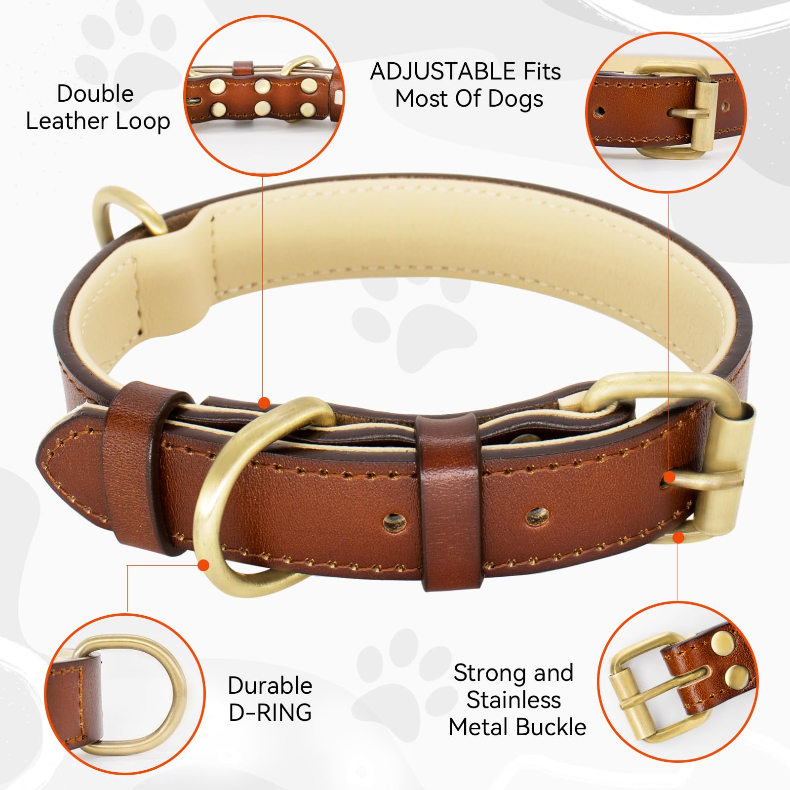 Dote on Leather Dog Collar and Lead Set Adjustable Genuine Soft Leather Dog Collar of Padded for Small Medium Large Dogs(Brown, L) - Image 3