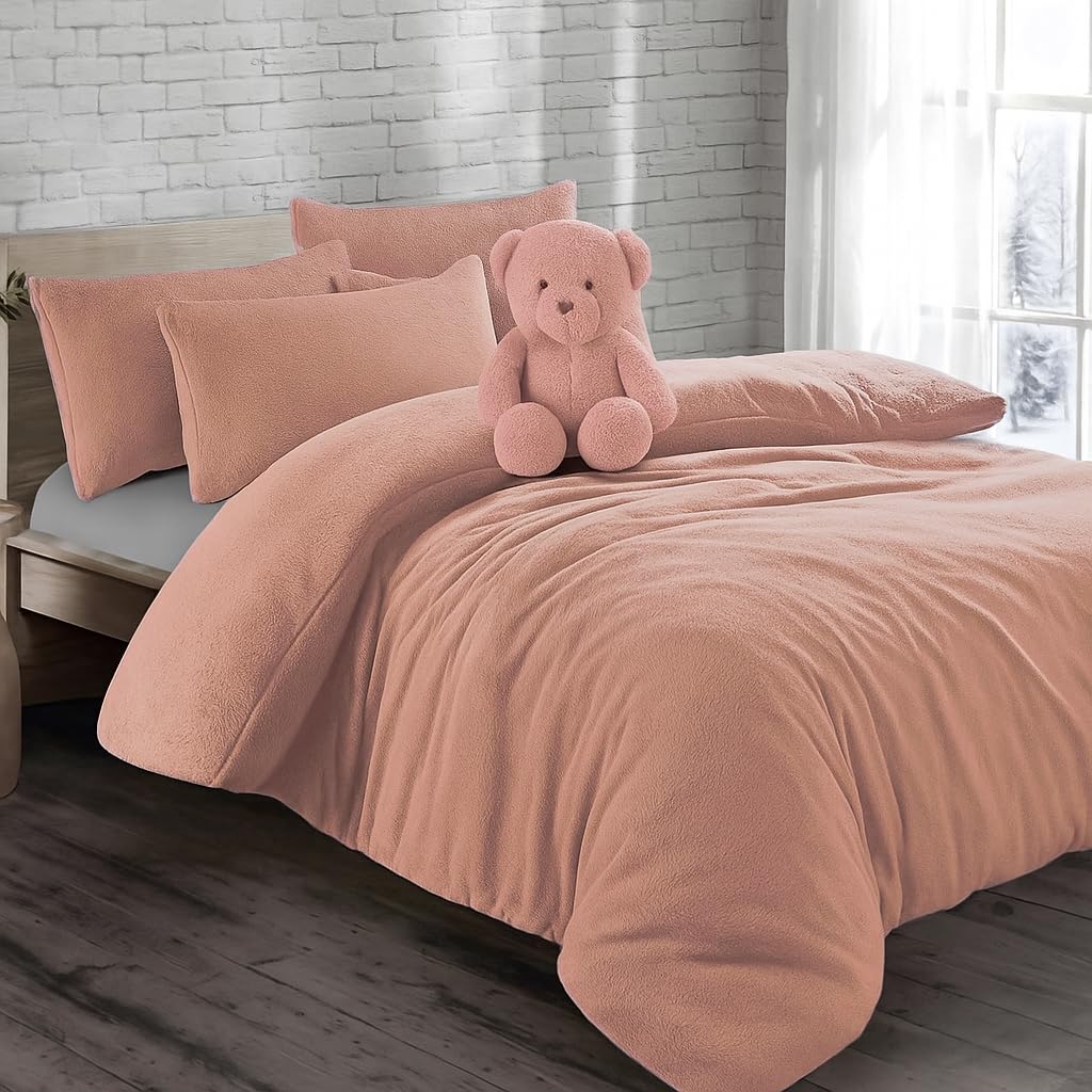 KD HOME EVERYTHING YOU NEED Teddy Bear Fleece Super Soft Fluffy Warm and Cosy Duvet Sets with matching Fitted Sheet and Pillowcases (Fadded Pink, Double Duvet Set + Fitted Sheet)