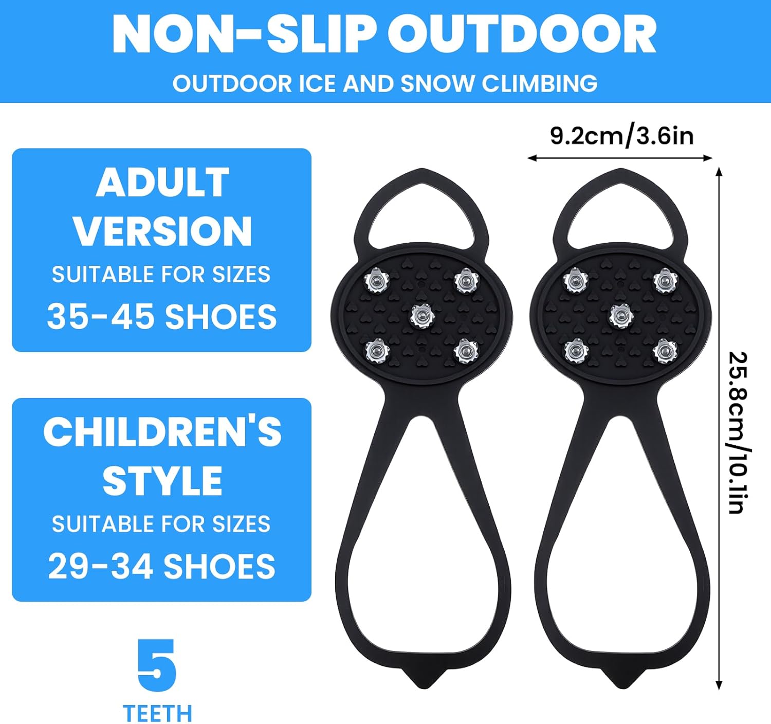 2 pairs ice cleats for shoes and boots, ice snow gripper shoe/boot traction cleats with 5 steel spikes, non-slip gripper spikes crampons for walking, climbing, outdoor