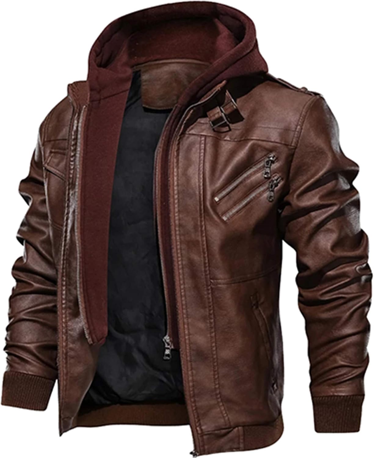 Men's Vintage Motorcycle Biker PU Faux Leather Jacket Removable Hooded Outwear