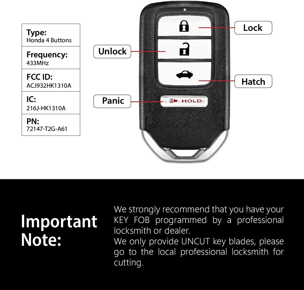 2 Keylessbest Replacement for 2016 2017 Honda Accord Key Fob Remote Control ACJ932HK1310A 4 Buttons 433MHz