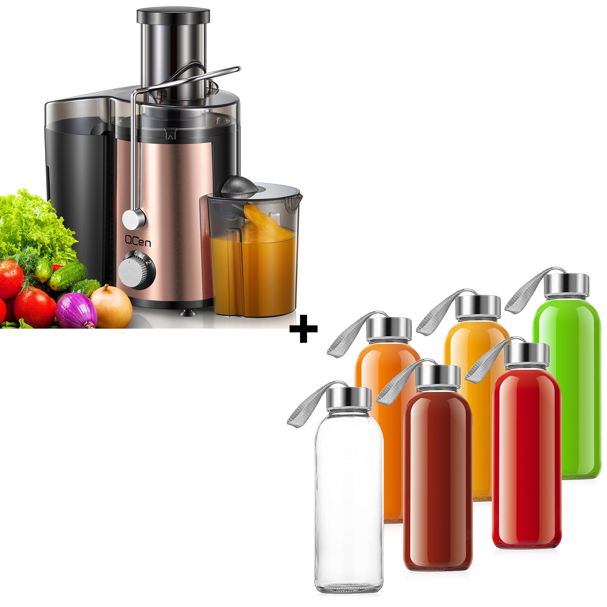 QCen 800W Juicer Machine Rose Gold and 6PCS Glass Bottle Bundle